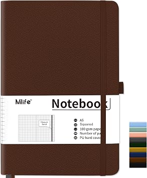 Mlife Squared Notebook A5,Journal Notebooks With 200 Pages,100gsm No Bleed Grid Notebook Pages,PU Hard Cover,Graph Paper Notebook for Graphing Notes Math,Notepad for Women Men School Office-Brown