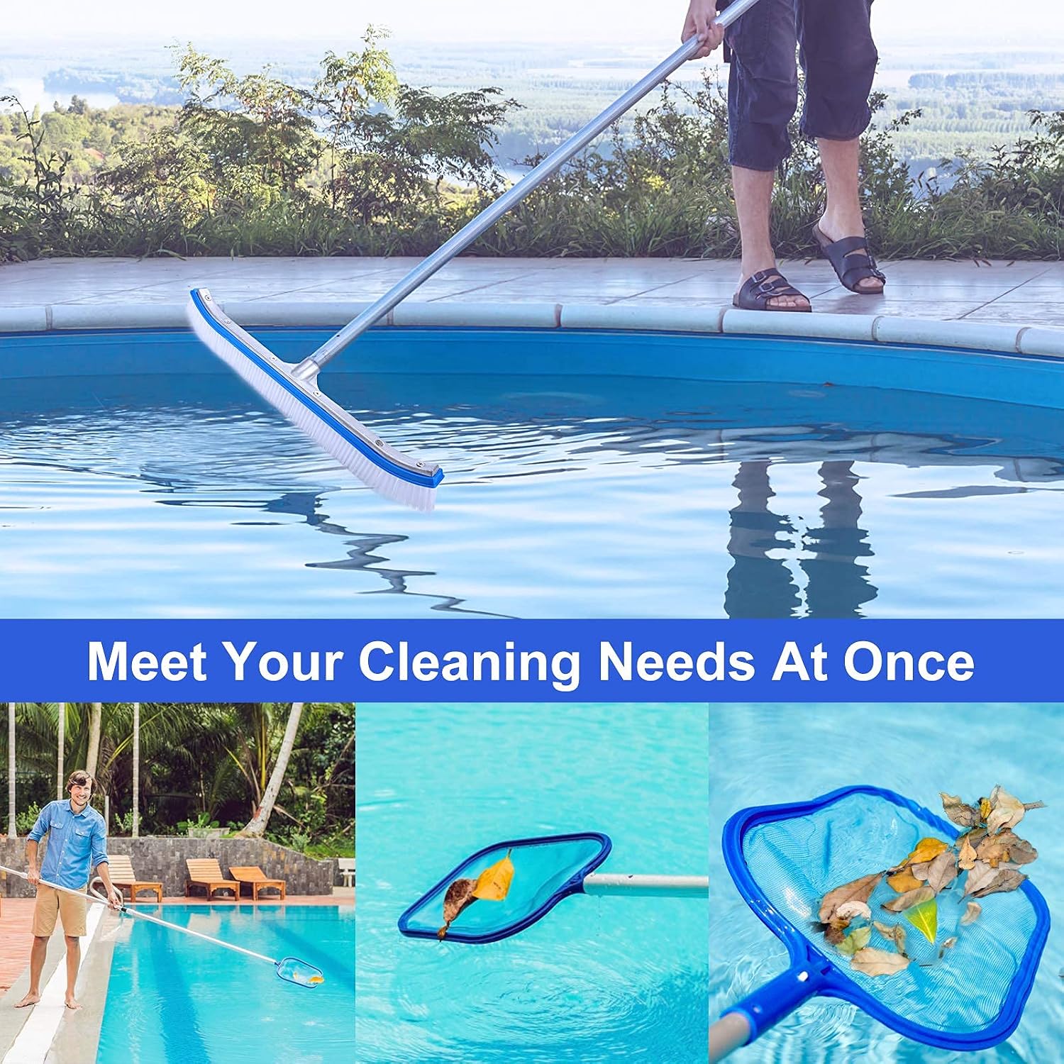 Swimming Pool Brush with Pool Skimmer Net Kit, 17.5" Aluminum