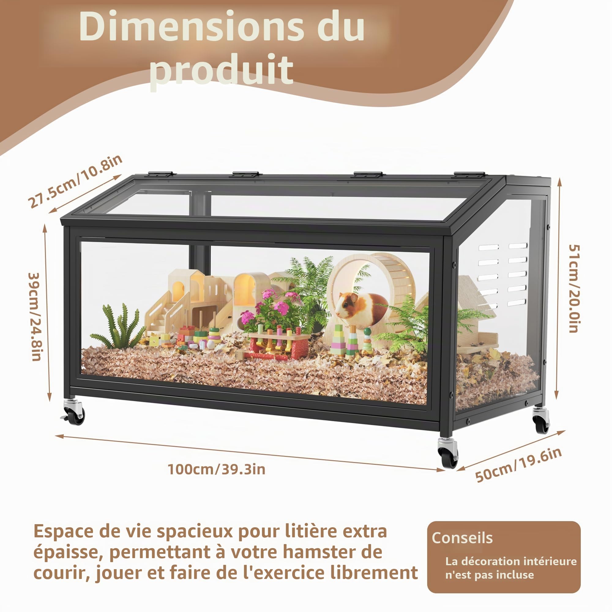 MSFE Cage pour Hamster à roulettes, 100x51x50cm Habitat Rongeurs Transparent de Vue Panoramique 360°, Grande Cage à Rongeurs, Respirant sur Trois côtés, pour Gerbilles et Cochon d'Inde, Souris, Rats