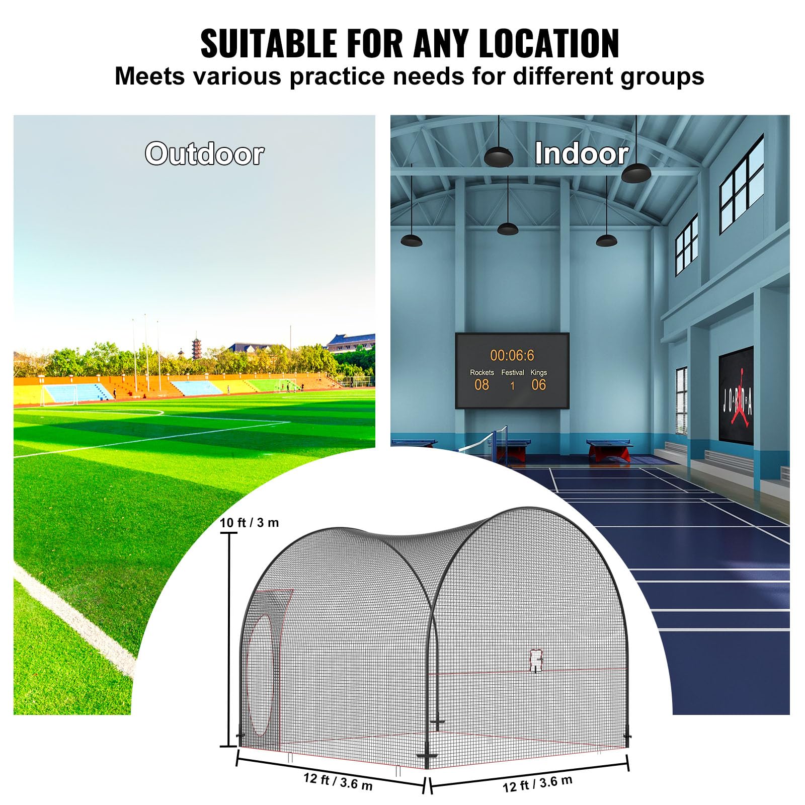 VEVOR Cage de Frappeur 3,6x3,6x3 m Filet d'Entraînement Baseball Softball Poteaux Fibre de Verre Portable
