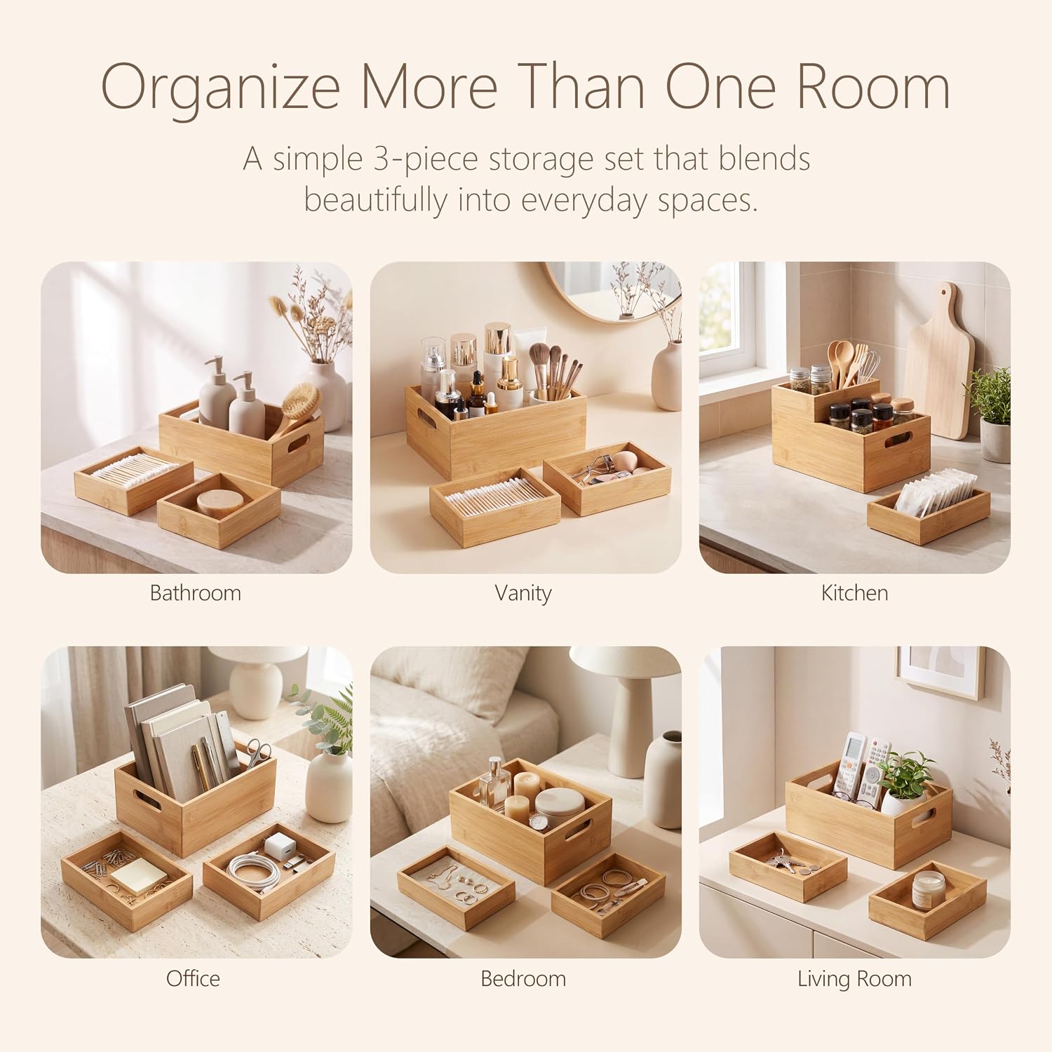 3 Pack Bamboo Storage Box with Handle, Wooden Organizer Bins