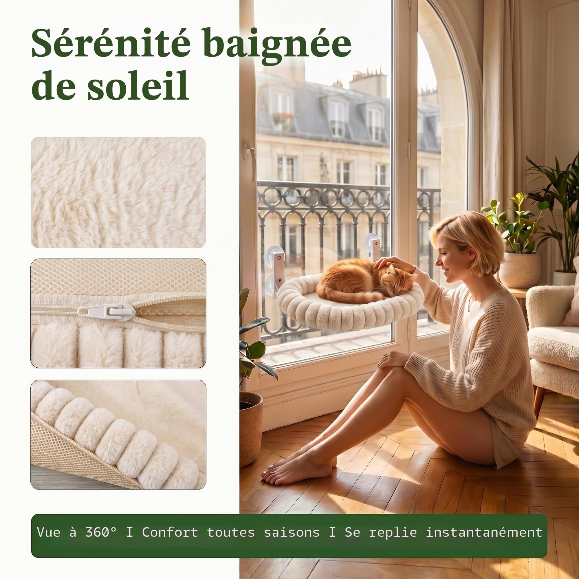 Hamac de fenêtre pour chat, lit de fenêtre en peluche pour chat avec 4 ventouses puissantes, perchoir pliable pour chats d'intérieur, cadre en acier robuste supporte 18kg, lavable, M(52x30cm