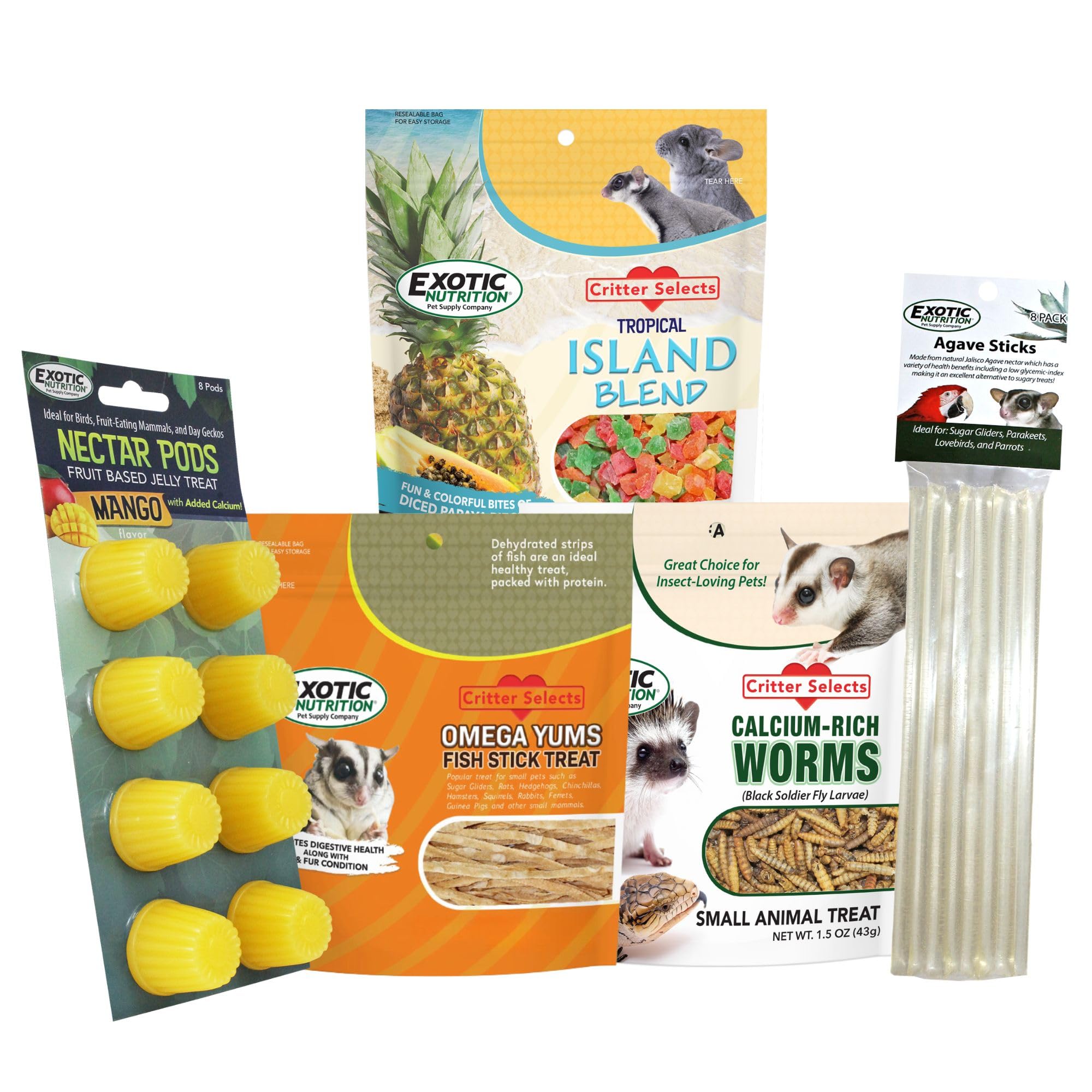 Sugar Glider Treat Bundle - Natural Healthy Assortment - Nectar Pods, Fish Sticks, EZ Worms, Agave Sticks - Suagr Gliders, Rats, Chinchillas, Ferrets, Hamsters, Hedgehogs & Other Small Animals
