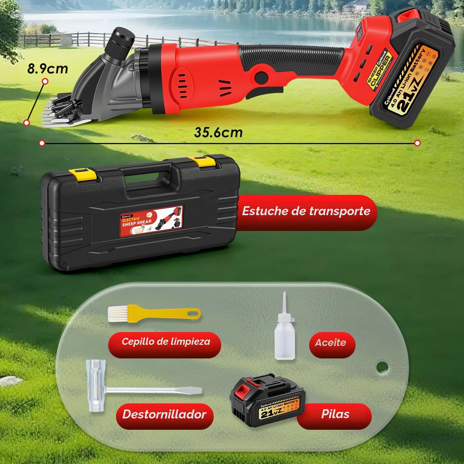 CGOLDENWALL Esquiladora Oveja Inalámbrica 600W, 3 Velocidades, Cabras | Prof, 1350RPM, 2x4.0Ah Batt. 21V, Asa Ergonómica, Protección Sobrecarga, Alpacas Camellos, Rojo