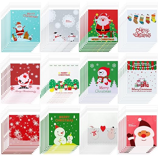 Outus 300 Pieces Christmas Cellophane Bags Xmas Treat Candy Cookie Biscuit Bags Self-Adhesive Plastic Present Bags for Christmas Party DIY Supplies Favor, 12 Styles