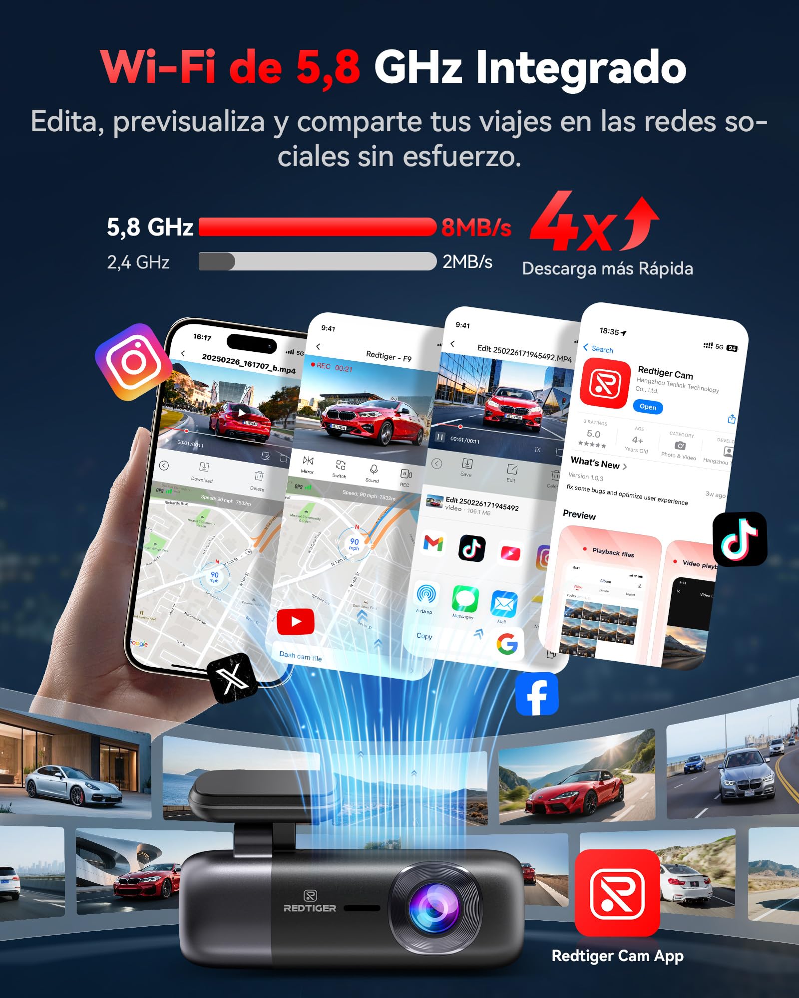 REDTIGER DashcamCoche Delantera y Trasera: 4K +1080P,WiFi 5.8GHz,GPS,Visión Nocturna,Monitor de Aparcamiento,Grabación en Bucle,Control por App,Admite hasta 256 GB(F9)