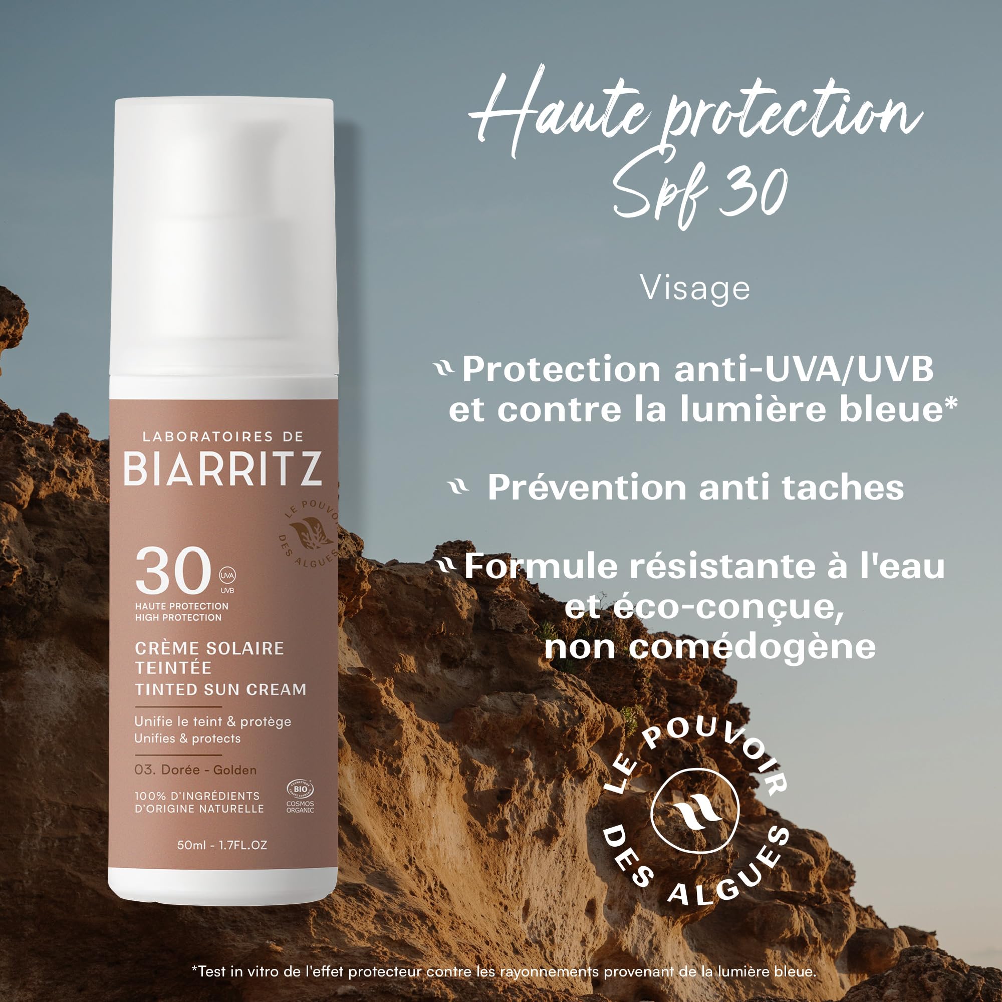 Laboratoires de Biarritz Crème Solaire Teintée SPF30 Dorée Certifiée Bio | Visage, Protection Anti-UVA/UVB et Lumière Bleue, Certifiée Bio, 50 ml, Fabriquée en France