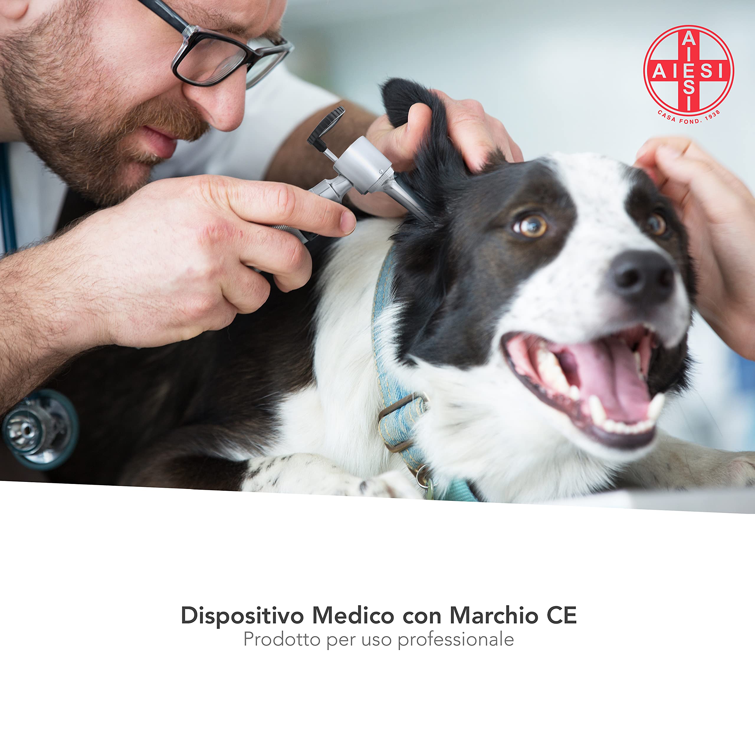 AIESI® Otoscopio Veterinario professionale a testa aperta illuminazione LED 3V a luce bianca con 3 coni in acciaio inox VETSCOPE, fornito con lampadina di ricambio, Garanzia Italia 24 mesi