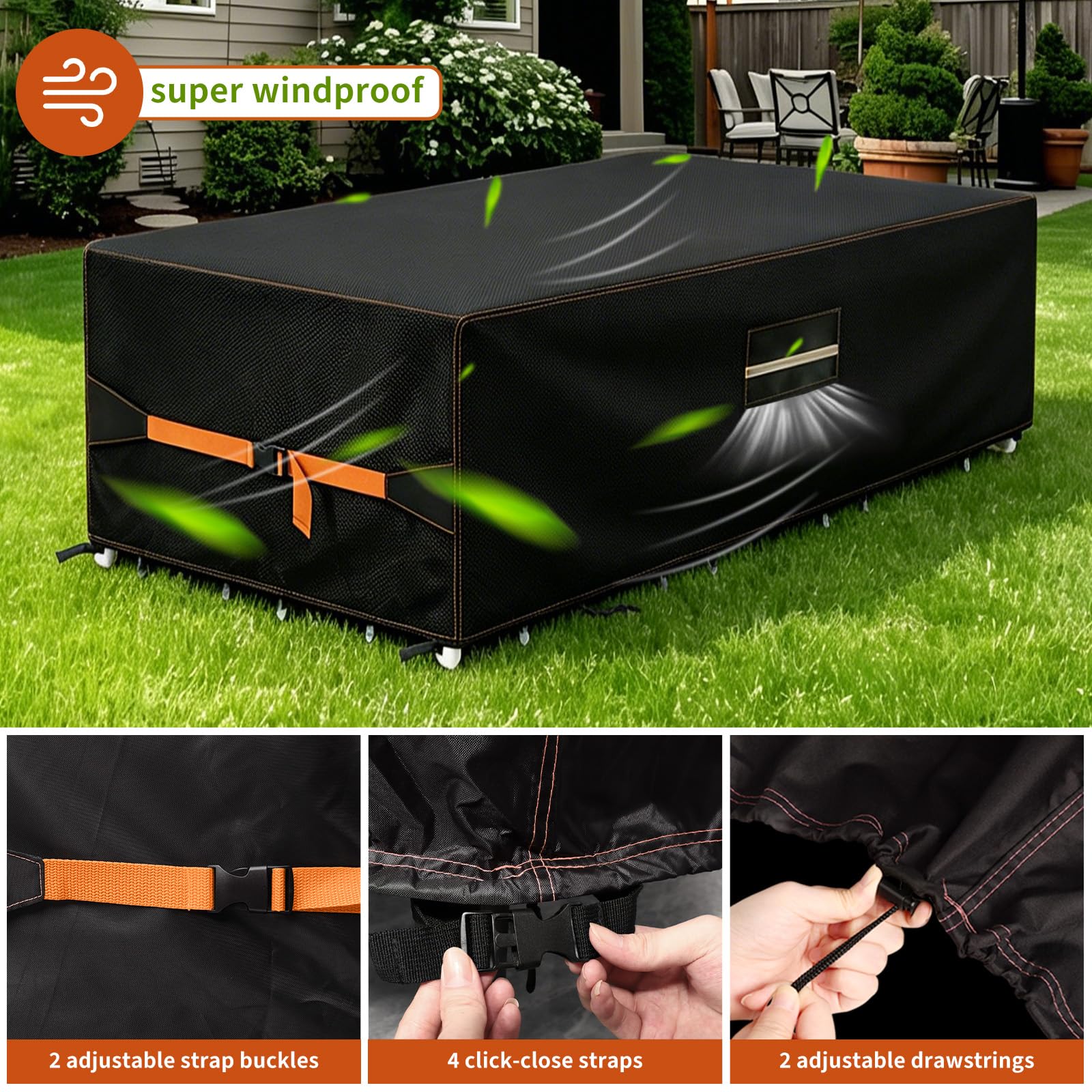 Copertura Tavolo Esterno Impermeabile, 420D Panno Oxford Copertura per Mobili da Giardino 270x180x89cm, Telo Copri Tavolo da Patio con Prese d'Aria Antivento, Anti-UV, Resistente Allo Strappo