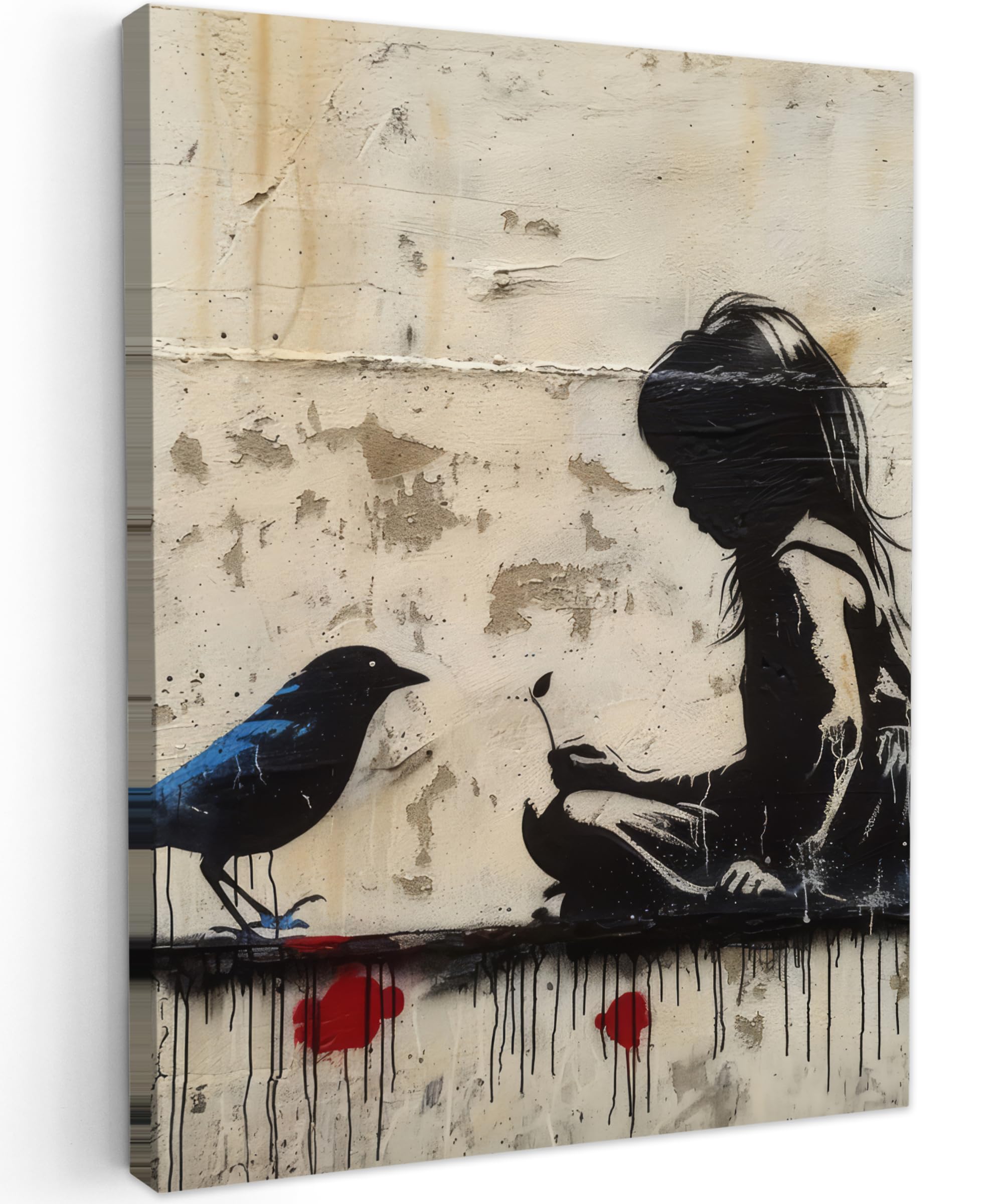 MuchoWow© Bilder 50x70 cm Wohnzimmer Deko Modern Wandbild Kunstdruck auf Leinwand Bild Schlafzimmer über Bett Room Decor Geschenke Street art - Mädchen - Vogel - Graffiti - Banksy
