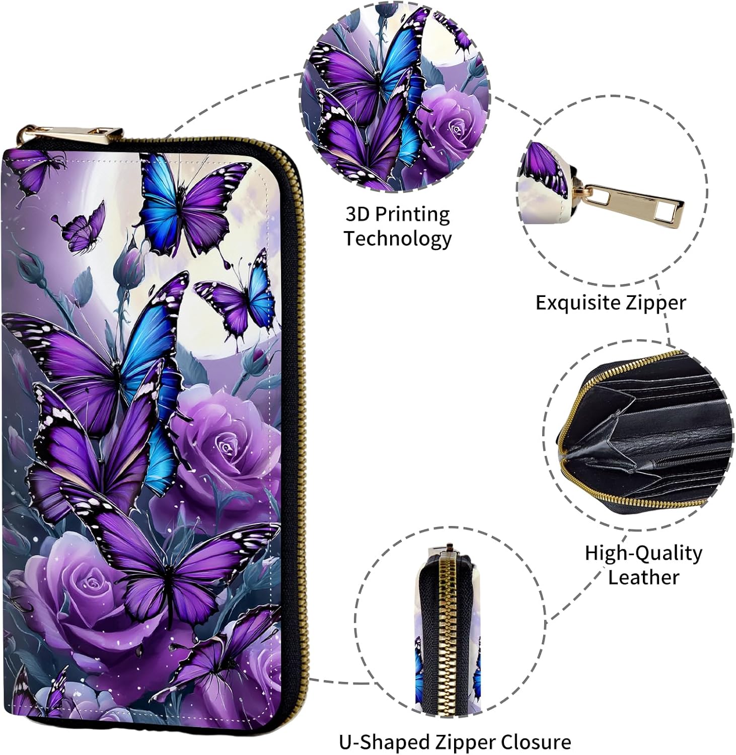 Women's Wallets,PU Leather Wristlet Wallet for Women,Card Holder Organizer Ladies Clutch with Zipper & Phone Holder-Purple Rose Butterflies - Image 5