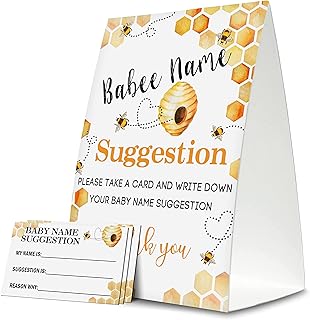 Baby Name Suggestion For Baby Shower Games, Honeycomb Bumble Bee Themed Name Suggestion Game Card, Party Favors Supplies Decorate For Baby Showers Game Cards, 1 Sign & 50 Cards Per Pack –(bbname-005)