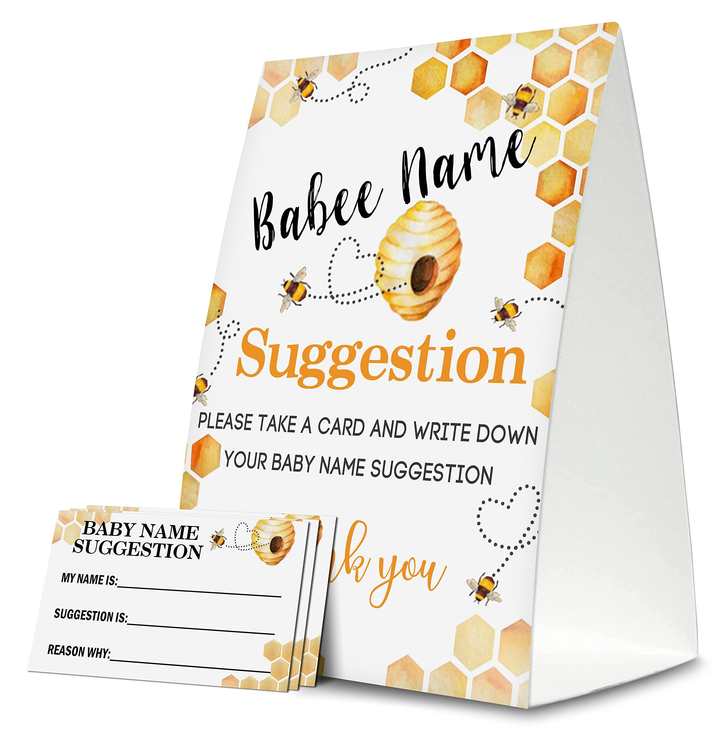 Baby Name Suggestion For Baby Shower Games, Honeycomb Bumble Bee Themed Name Suggestion Game Card, Party Favors Supplies Decorate For Baby Showers Game Cards, 1 Sign & 50 Cards Per Pack –(bbname-005)