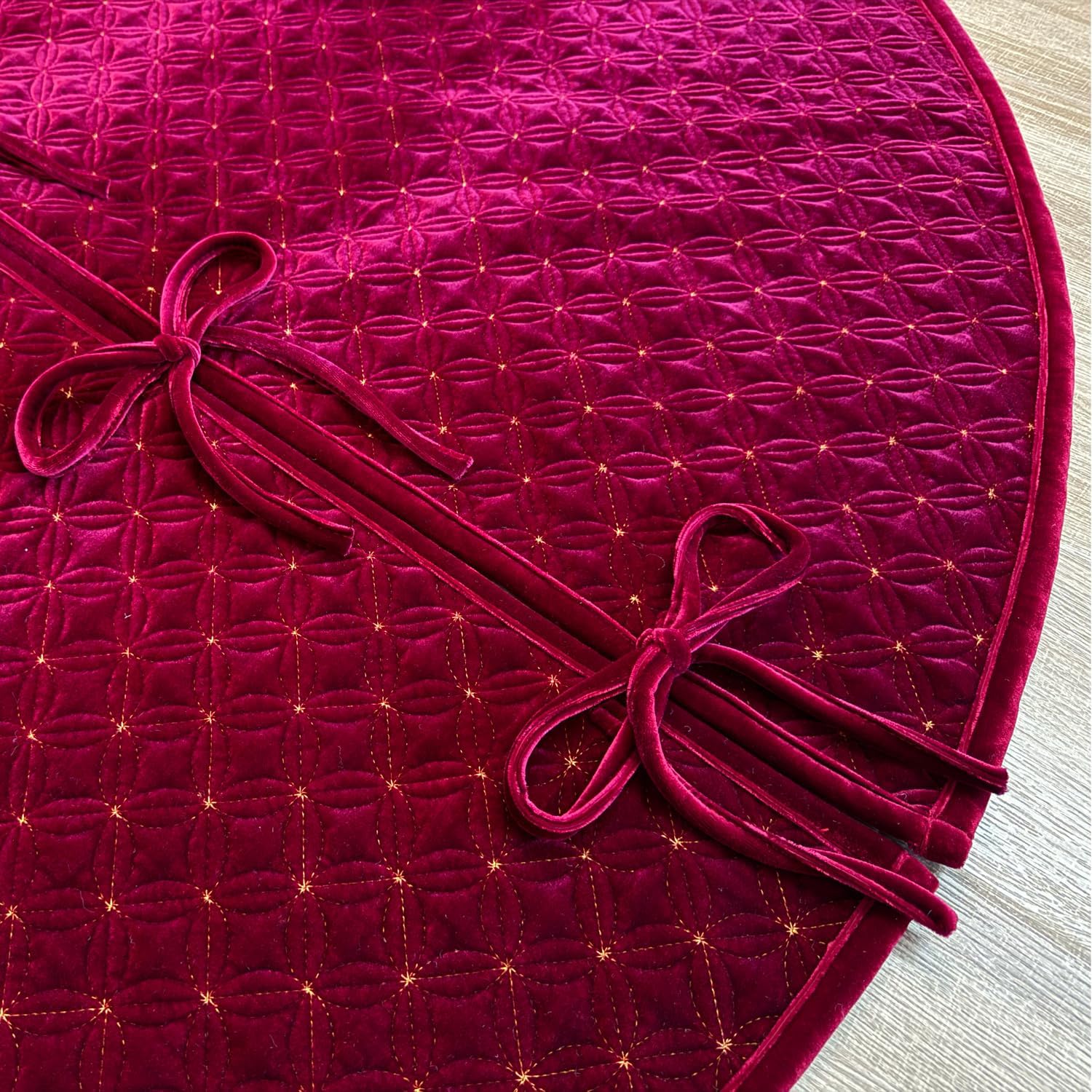 60-Inch Quilted Velvet Christmas Tree Skirt with Gold Wedding Ring Stitch Embroidery and Lace Tie Closures, Burgundy