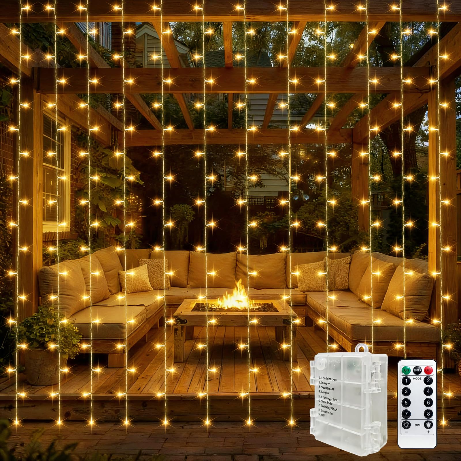 Rideau lumineux de 3 x 3 m - 300 LED - 8 modes - Avec minuterie et télécommande - Étanche - Pour fenêtre intérieure et extérieure - Blanc chaud