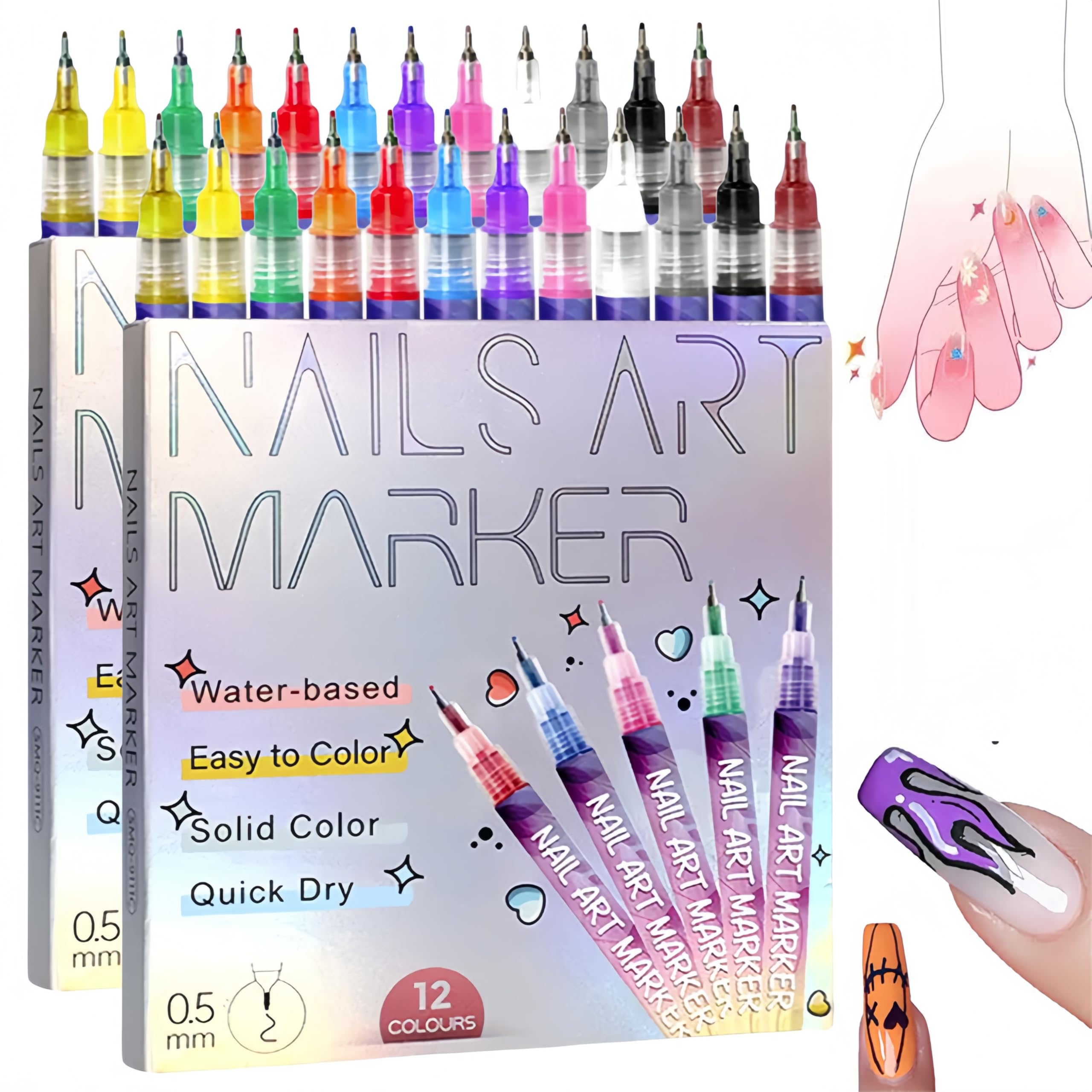 Nail Art Markers, 24 Colors Gel Nail Art Pens Set with Fine Tips for DIY Drawing Painting 3D Nail Polish, Quick Dry Graffiti Dotting Point Liner