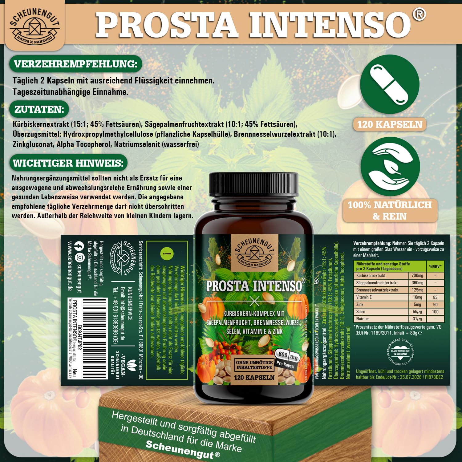 PROSTA INTENSO® Prostata Kapseln -WICHTIG: Markenkomplex mit Sägepalmenextrakt, Brennnesselwurzel, Kürbiskern, Zink, Selen DE SCHEUNENGUT®