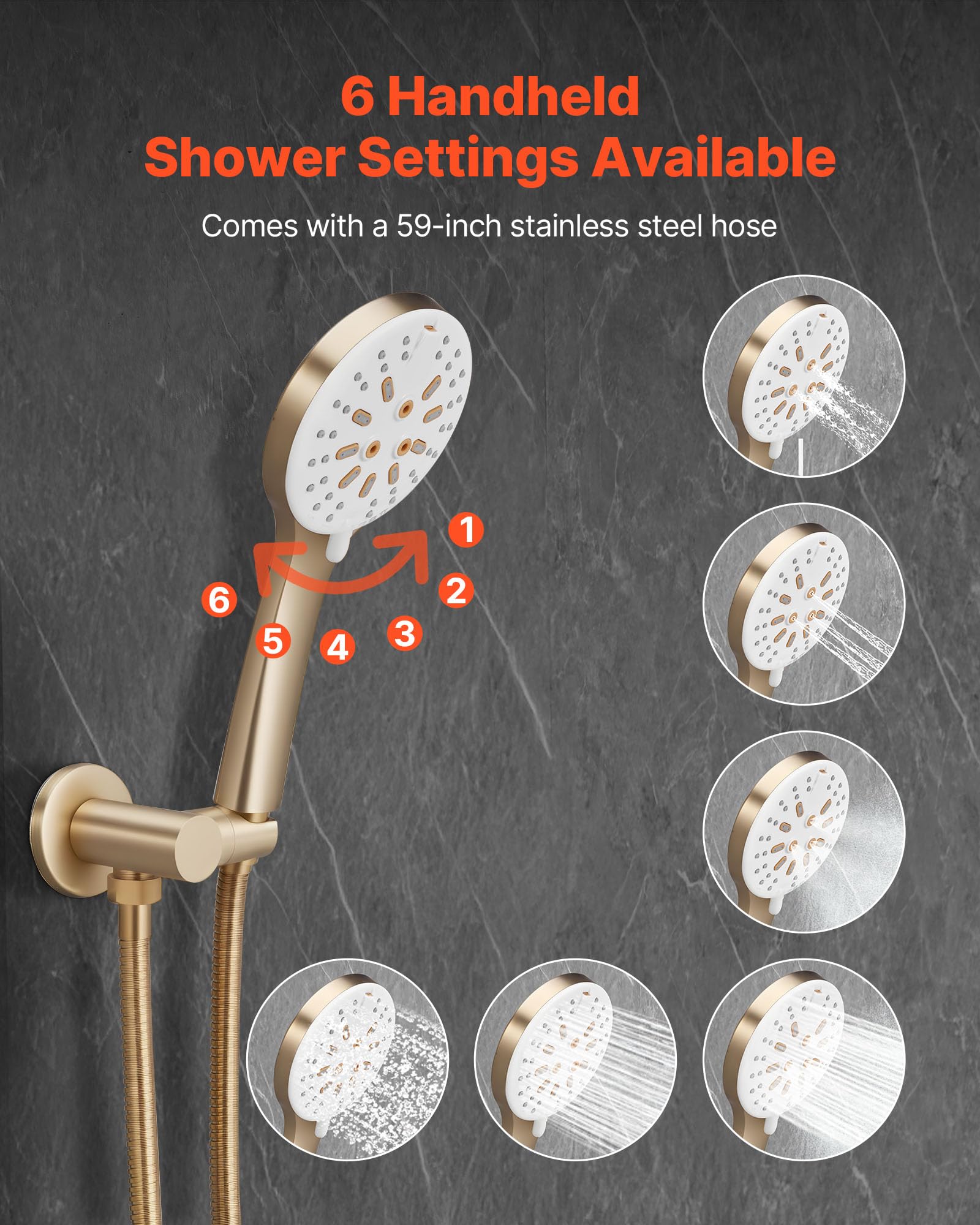 VEVOR Sistema Doccia a Pioggia per Bagno con Soffione Tondo 254 mm e Doccetta, Set di Rubinetti da Doccia a Parete, con Valvola in Ottone e Kit di Finitura, Rubinetto Doccia, Oro Spazzolato