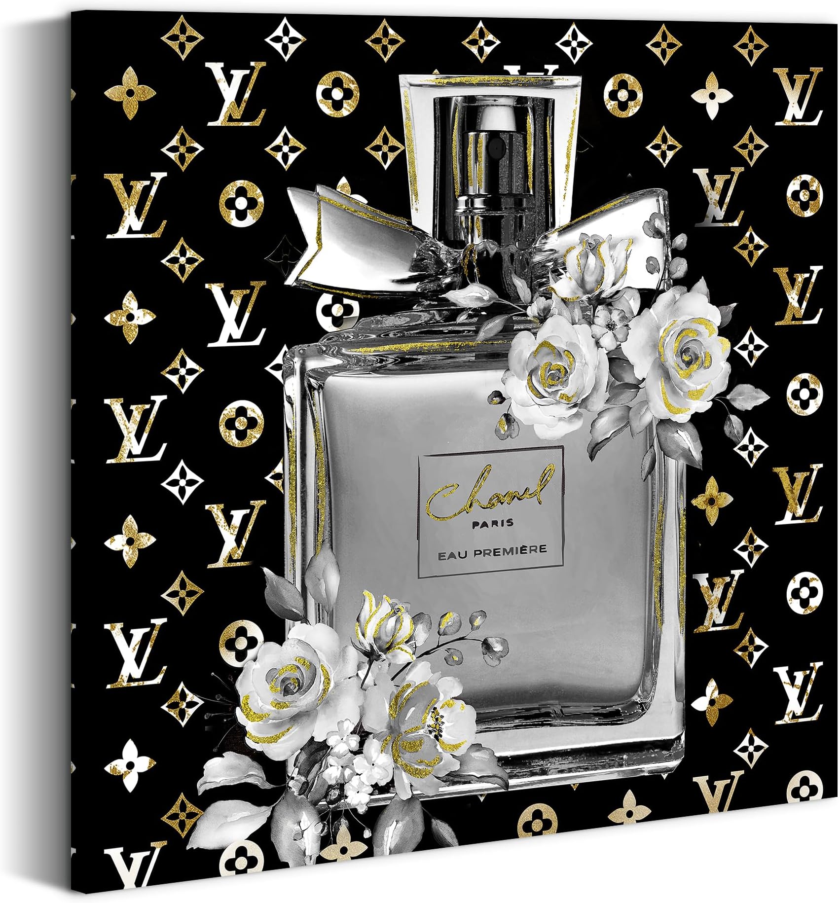 summer melody Perfume Bottle Canvas Wall Art: Glam Modern Fashion Picture Black White Contemporary Prints Rose Bouquet Flower Painting Artwork for Girls Makeup Room Bedroom