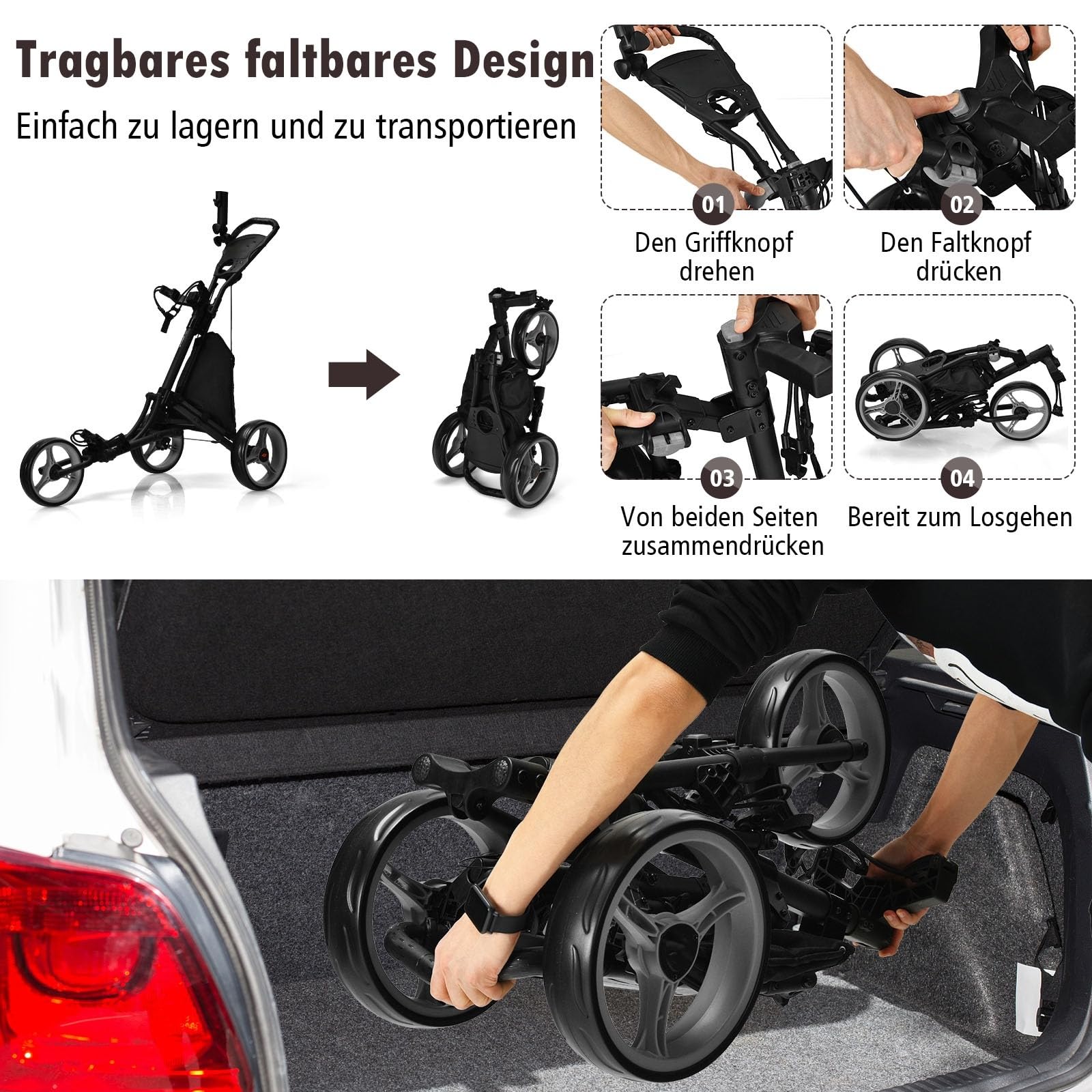 GYMAX Carro de Golf Plegable 3 Ruedas con Asa Ajustable, Soporte Paraguas y Portavasos