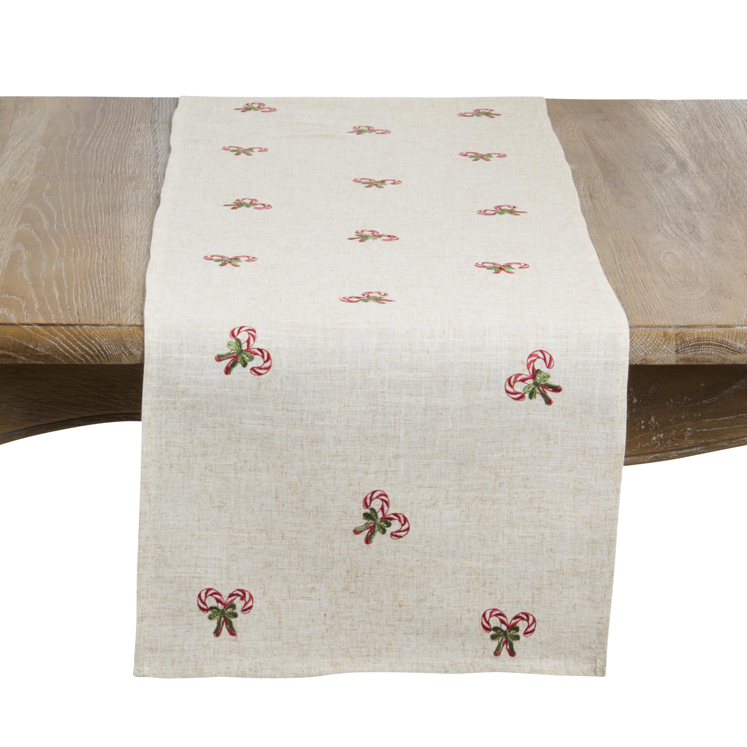 SARO LIFESTYLE Candy Cane Embroidered Holiday Linen Blend Table Runner - Table Runner for Festive Dining Tables, Seasonal Entertaining, Holiday Kitchen Décor, and Winter Tablescapes, 16"x70", Natural
