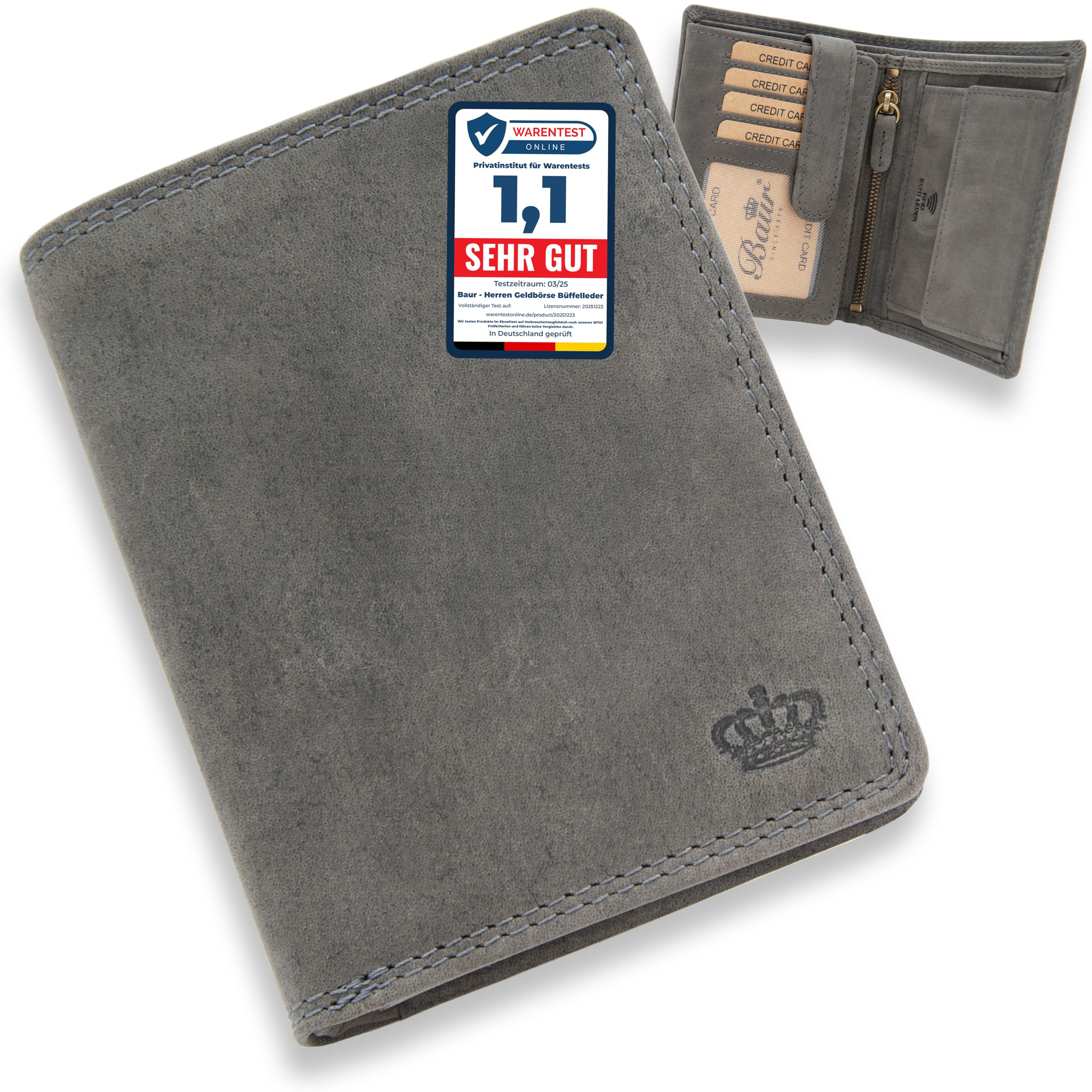 Baur portafoglio da uomo – vera pelle di bufalo con protezione RFID – portafoglio grande verticale con 12 scomparti carte e ampio scomparto monete (Formato verticale con bottone interno, Grigio)