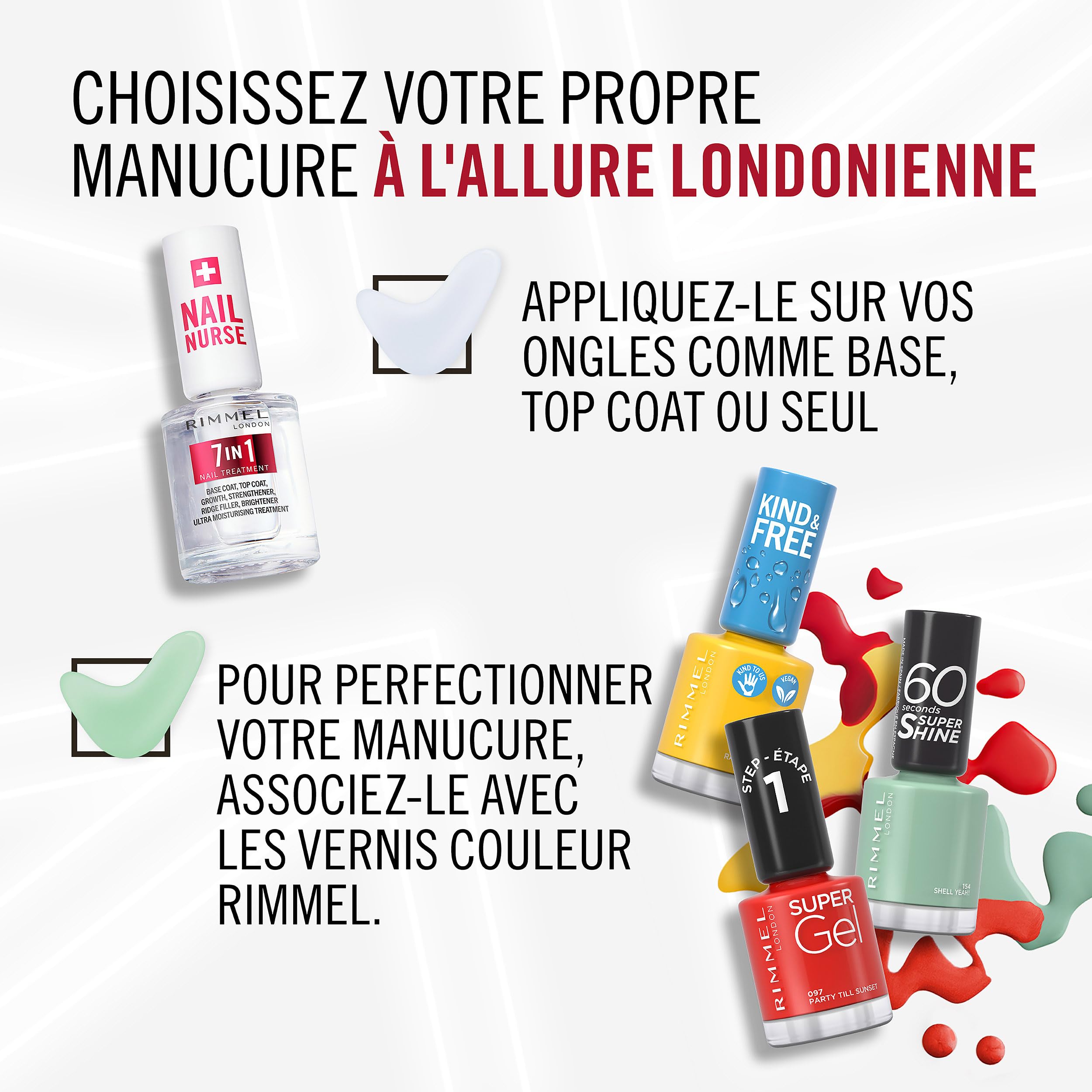 Rimmel London Soin des ongles - Base & Top Coat 7 en 1 polyvalents, sèche rapidement, fini lisse, protège les ongles, scelle la couleur, formule vegan 12 ml
