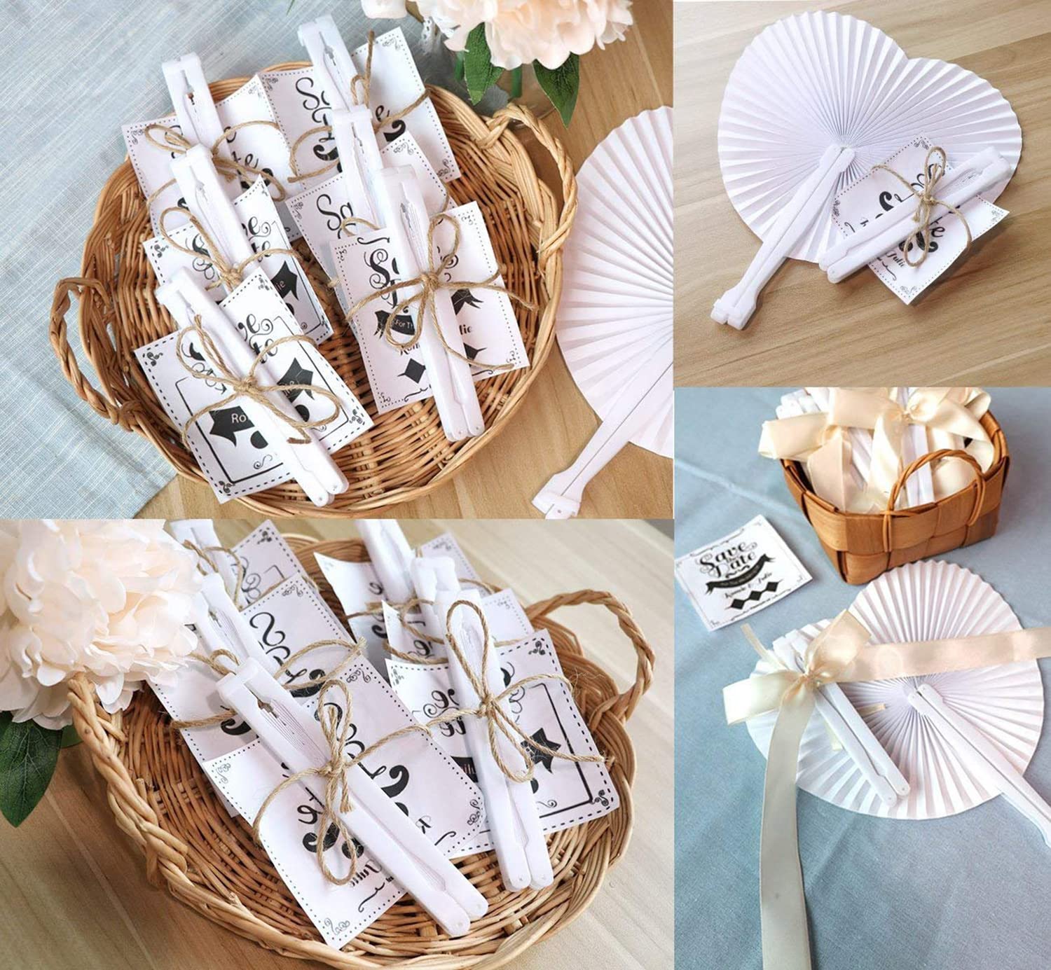 Gudotra - Lot de 60 éventails de mariage, en papier, blancs, en forme de cœur pour wedding bag et décoration de mariage