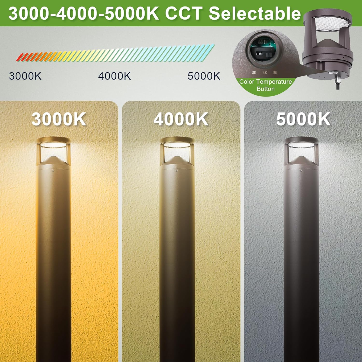 LED Bollard Landscape Light, 42inch 24W 3CCT Selectable (3000K/4000K/5000K),120V-277V Commercial/Residential Bollard Lighting Fixture for Garden, Pathway, Driveway, Die-cast Aluminum, Bronze
