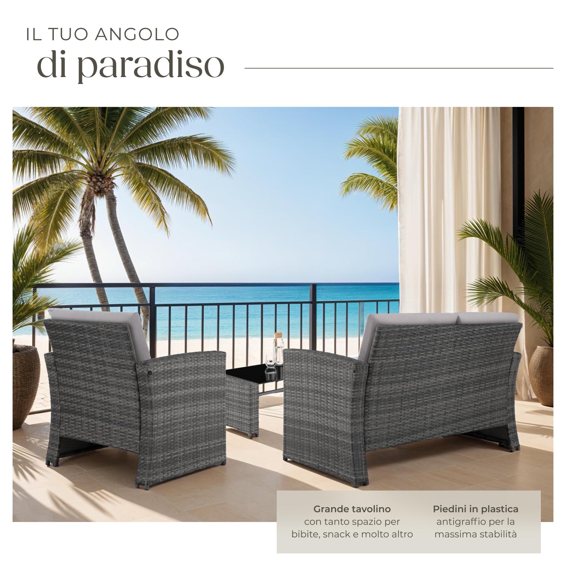 Salottino in Rattan da Giardino Esterno con 2 Poltrone, Divano e Tavolo in Vetro Rimovibile - Grigio/Grigio Chiaro