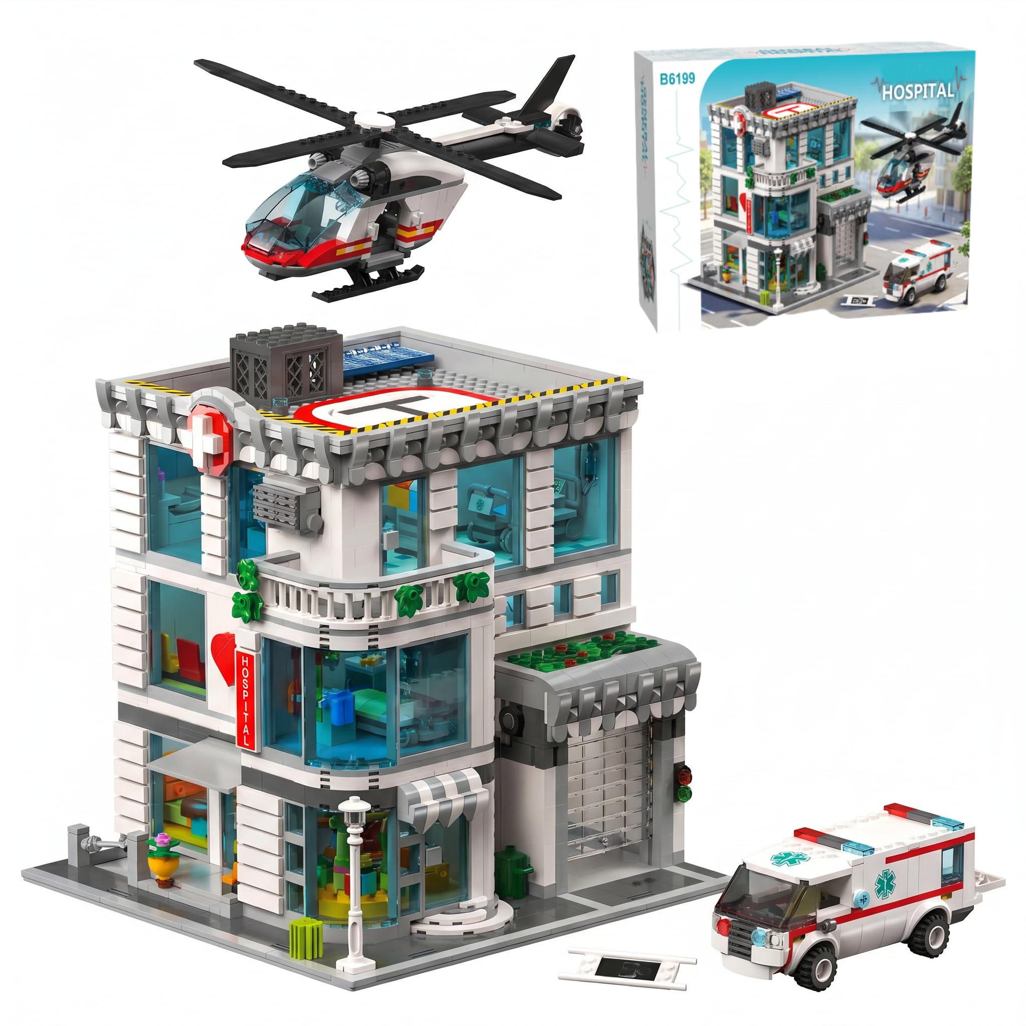 Mocratix City Krankenhaus Klemmbausteine, 2876 Teile | Mit Krankenwagen & Rettungshubschrauber, Modern Modular Hospital Building, Stadt Gebäude Bauset, Für Erwachsene