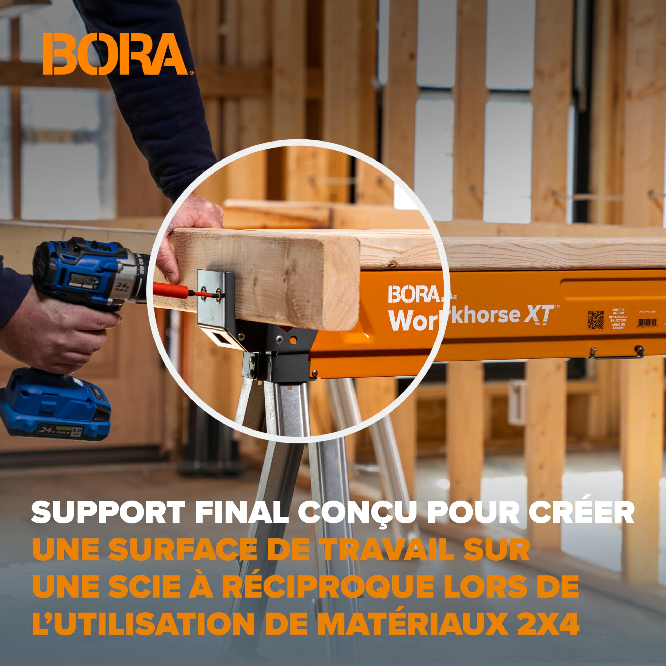 BORA Workhorse XT PM-3360T Lot de 2 chevalets de sciage pliables et réglables en hauteur avec pieds réglables pour entrepreneurs Établi portable avec décapsuleur intégré