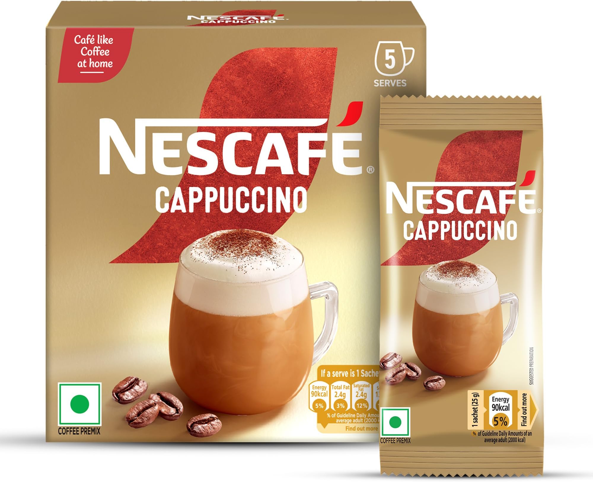 Cappuccino | Cafe-like Coffee At Home |Coffee Premix | Just Add Hot Water | 125 G (5 Sachets x 25 G).