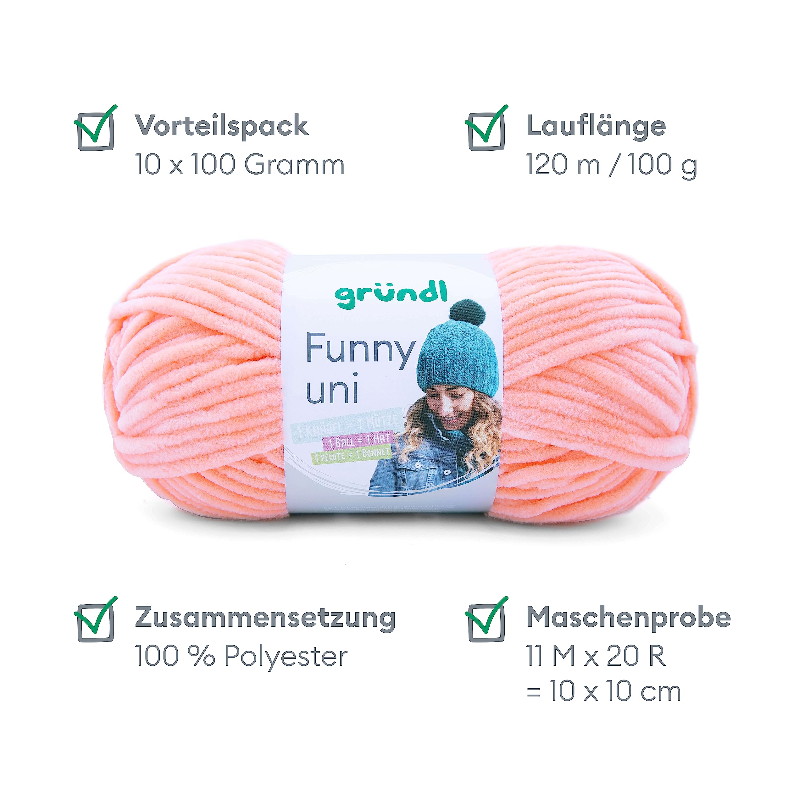 Gründl Funny uni włóczka do robienia na drutach i szydełkowania (aksamitna przędza szenilowa ze 100% poliestru, 10 x 100 g/120 m, grubość drutów: 5-6), morelowa