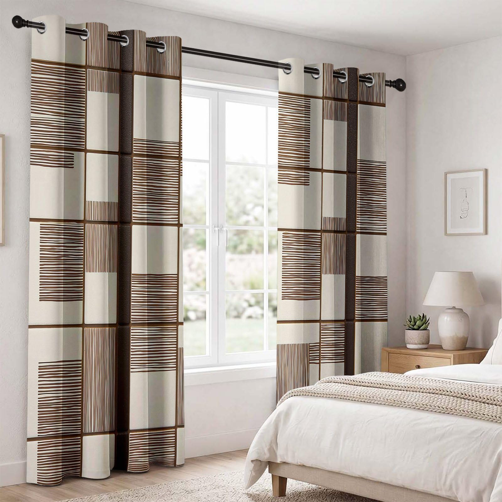 Lot de 2 Rideau Occultant 70L x 160H cm Moderne Minimaliste Rideaux Occultant Échiquier Rayure Carreau Géométrique Thermiques Imprimé Brun Beige, Rideau Oeillets Opaque Draperie pour Salon et Chambre