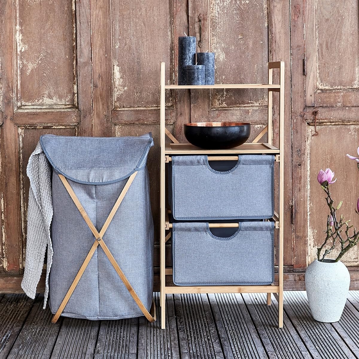WENKO Wschesammler Nori, Gestell aus Bambus, Wschesack 100% Polyester,  zusammenfaltbar, Fassungsvermgen: 79 Liter, 40 x 68 x 46 cm, Braun/Grau :  Amazon.de: Kche, Haushalt & Wohnen