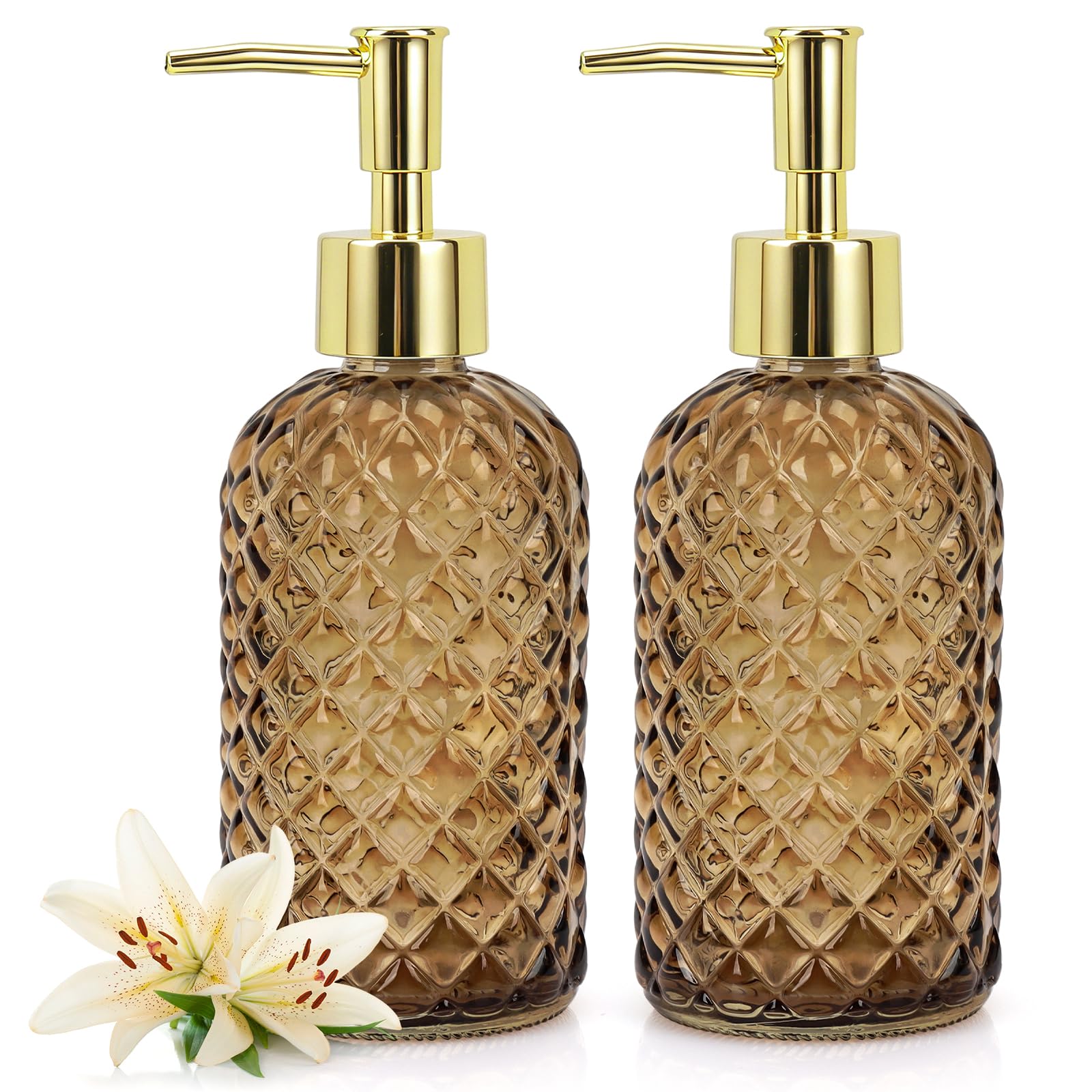 Soap Dispenser - 2 Pack, Clear Glass Refillable Hand Soap Dispensers, Hand and Dish Soap Dispenser, Soap Bottles with Gold Pump, Lotion Dispensers for Kitchen, Bathroom 400ml/14oz(2PCS/Clear Brown)