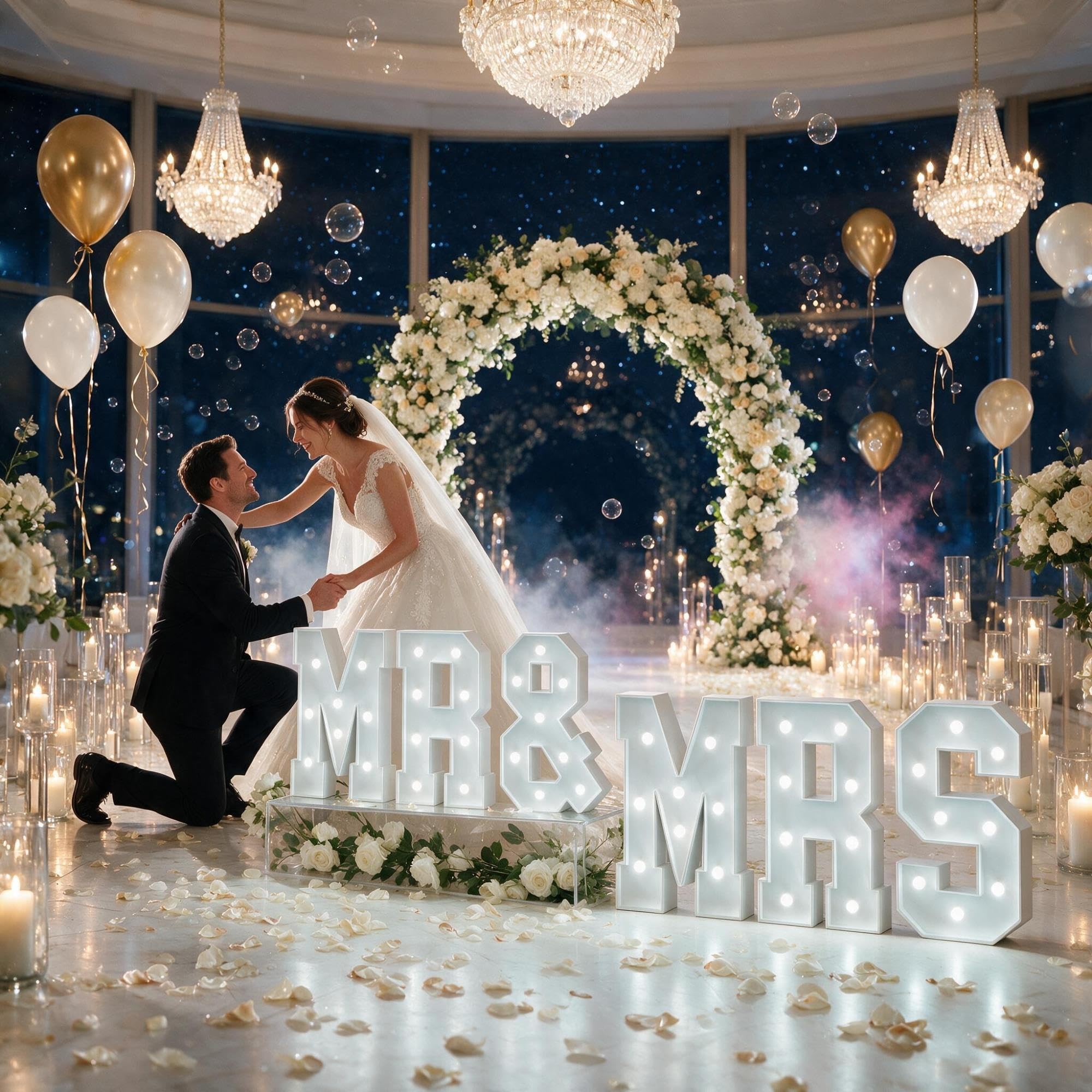 MR & MRS LED-Festzeltbuchstaben for die Jubiläumsfeier | KT-Schaumplatte Vorgecutt, Leichter Aufbau, Kabellos, Leicht, for Verlobungsparty(Cool white,100cm)