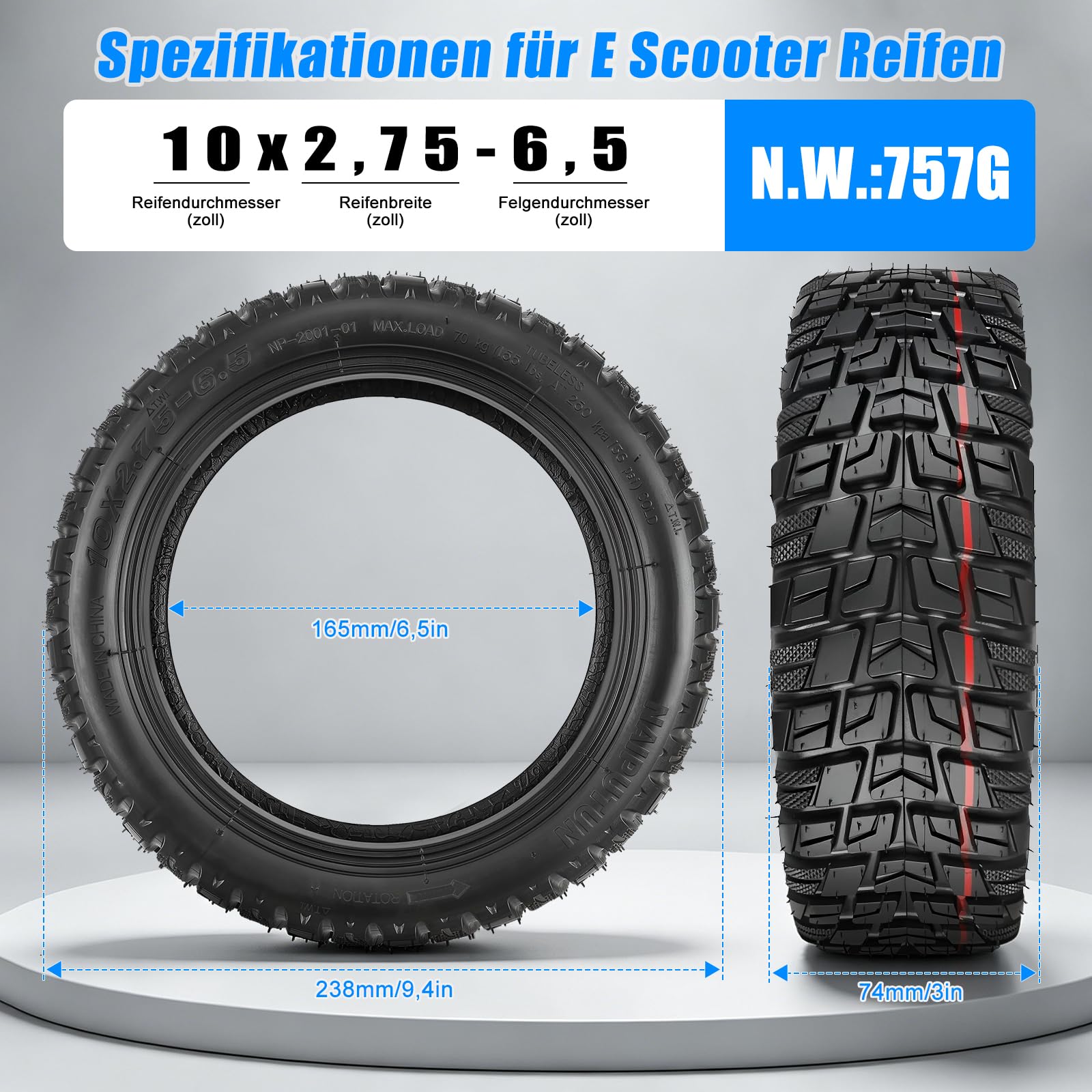 2 Pcs 10x2,75-6,5 Tubeless Reifen, 10 Zoll Scooter Reifen für Kukirin G2/G3/G2 Ultra/M4 Max/A1 Ersatzreifen, Vorne/Hinten Roller Verdicktreifen, Rutschfest und Durchstoßfest