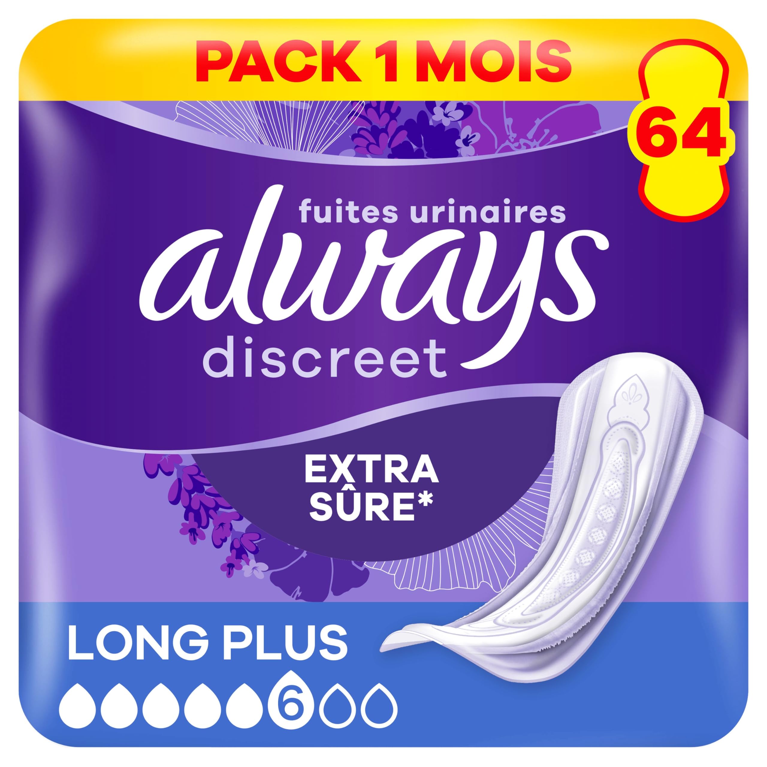 Always Discreet, 64 Serviettes Hygiéniques Incontinence Femme, Long plus 6 Gouttes, Protection Absorbante pour Fuites Urinaires Importantes, Pack 1 Mois