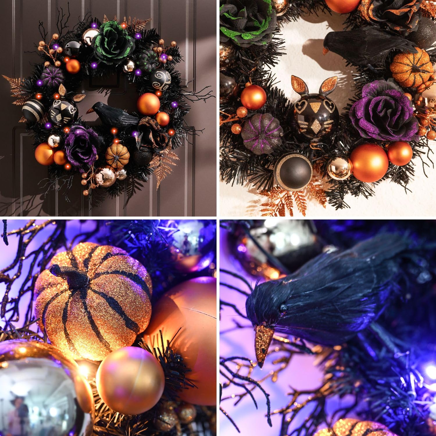 Valery Madelyn Corona de Halloween para puerta delantera con luces, corona de calabaza preiluminada de 24 pulgadas, decoración de Halloween para el hogar, porche, mesa, centro de mesa, ventana