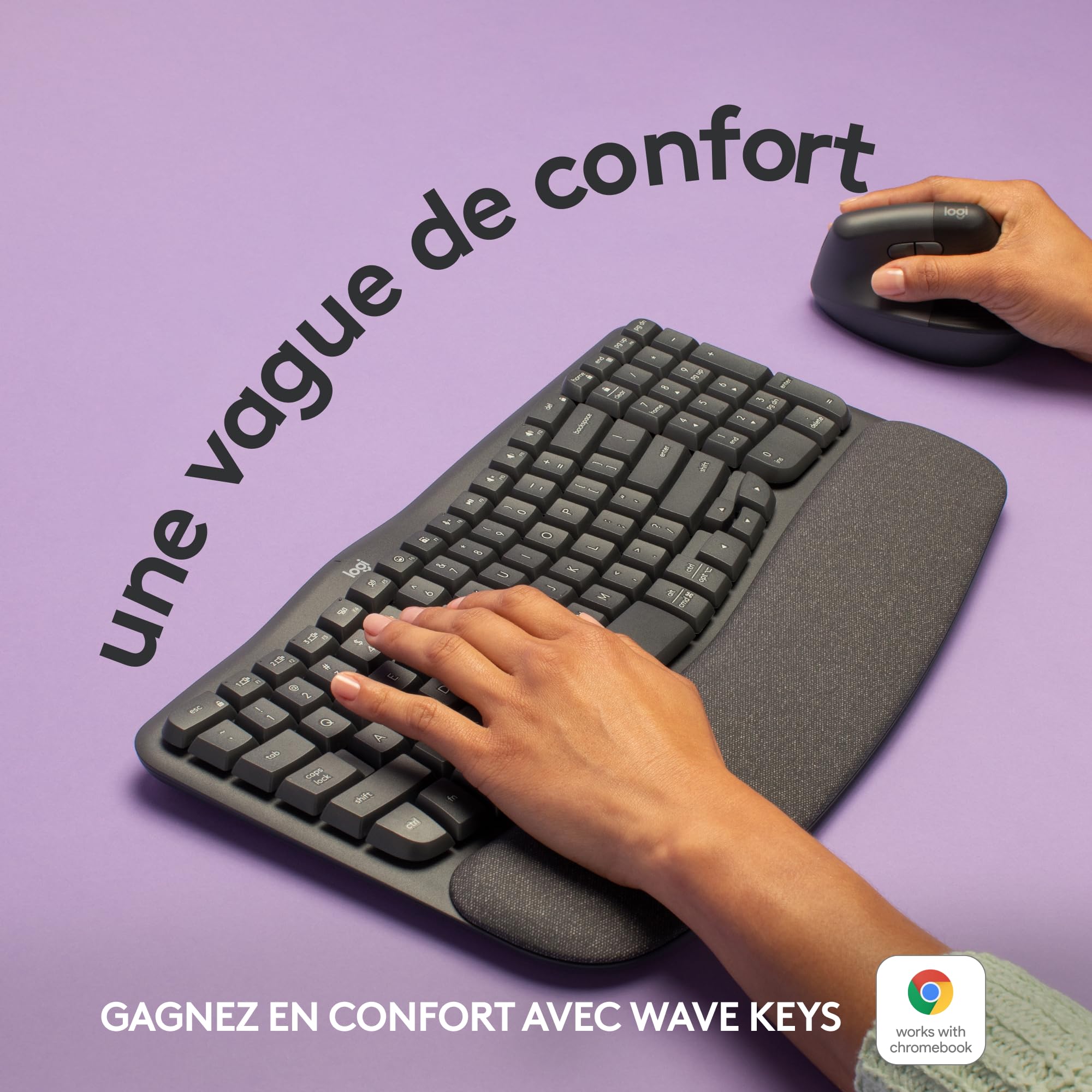 Logitech Wave Keys - Clavier Ergonomique sans Fil, Repose-Poignets rembourré, Frappe Naturelle econfortable, Easy-Switch, Bluetooth, récepteur Logi Bolt,Multi-SE,Windows/Mac, Français AZERTY-Graphite
