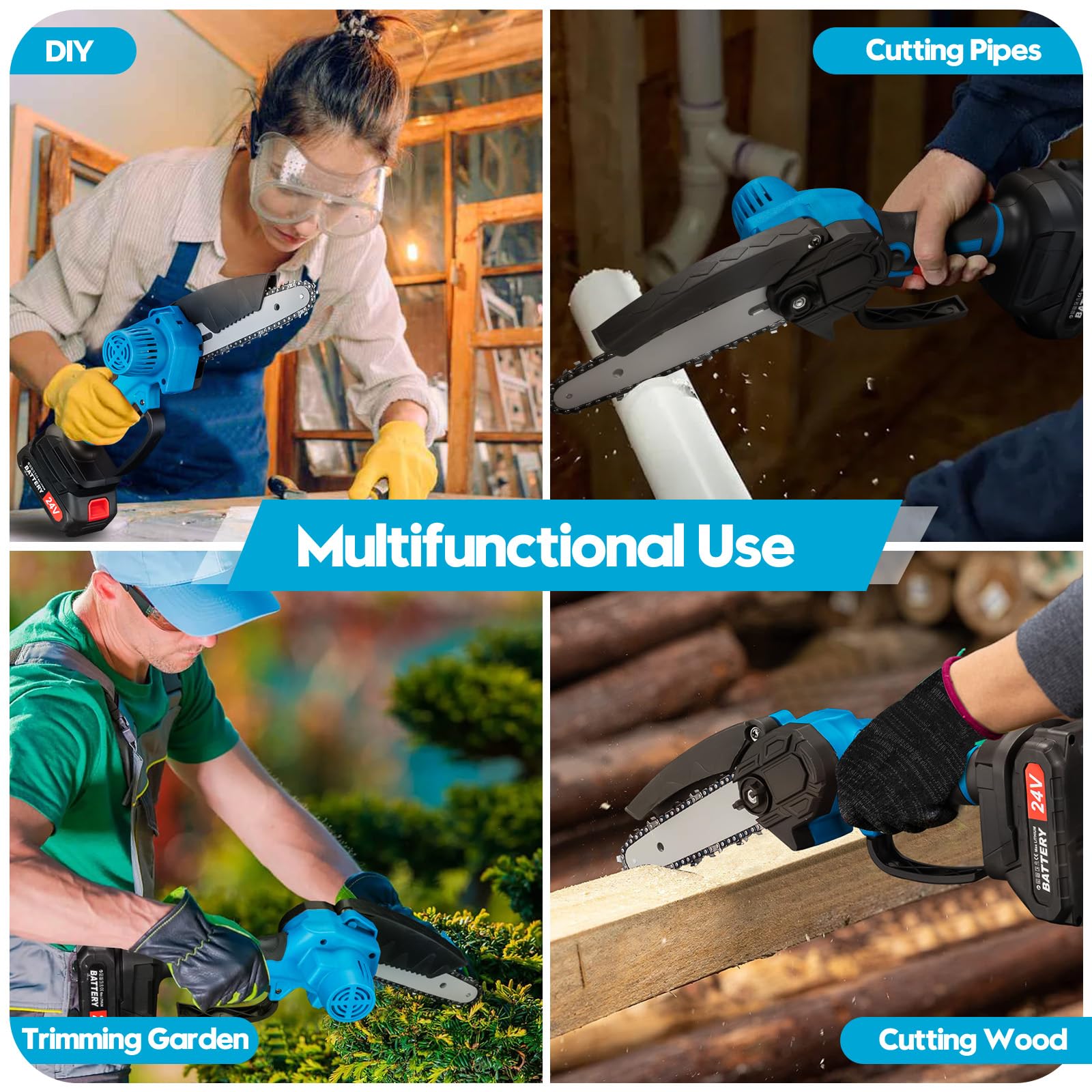 Mini Kettensäge mit Akku, 6 Zoll Akku kettensäge, Elektrische Handkettensäge, mit Sicherheitsschloss und Ketten, für Garten, Astschere, Holzschneiden