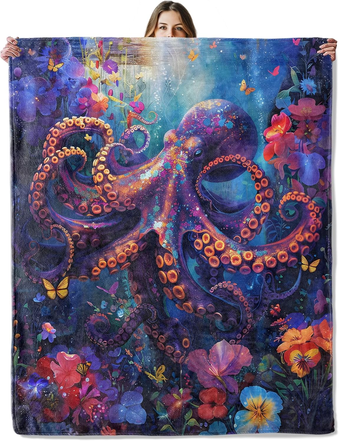 Octopus in Coral Reef Throw Blanket for Girls Boys Kids Adults, 50x60 in, Cozy Flannel Blanket for Bedroom, Camping, Couch, Room Decor, Fuzzy Warm Soft Gifts