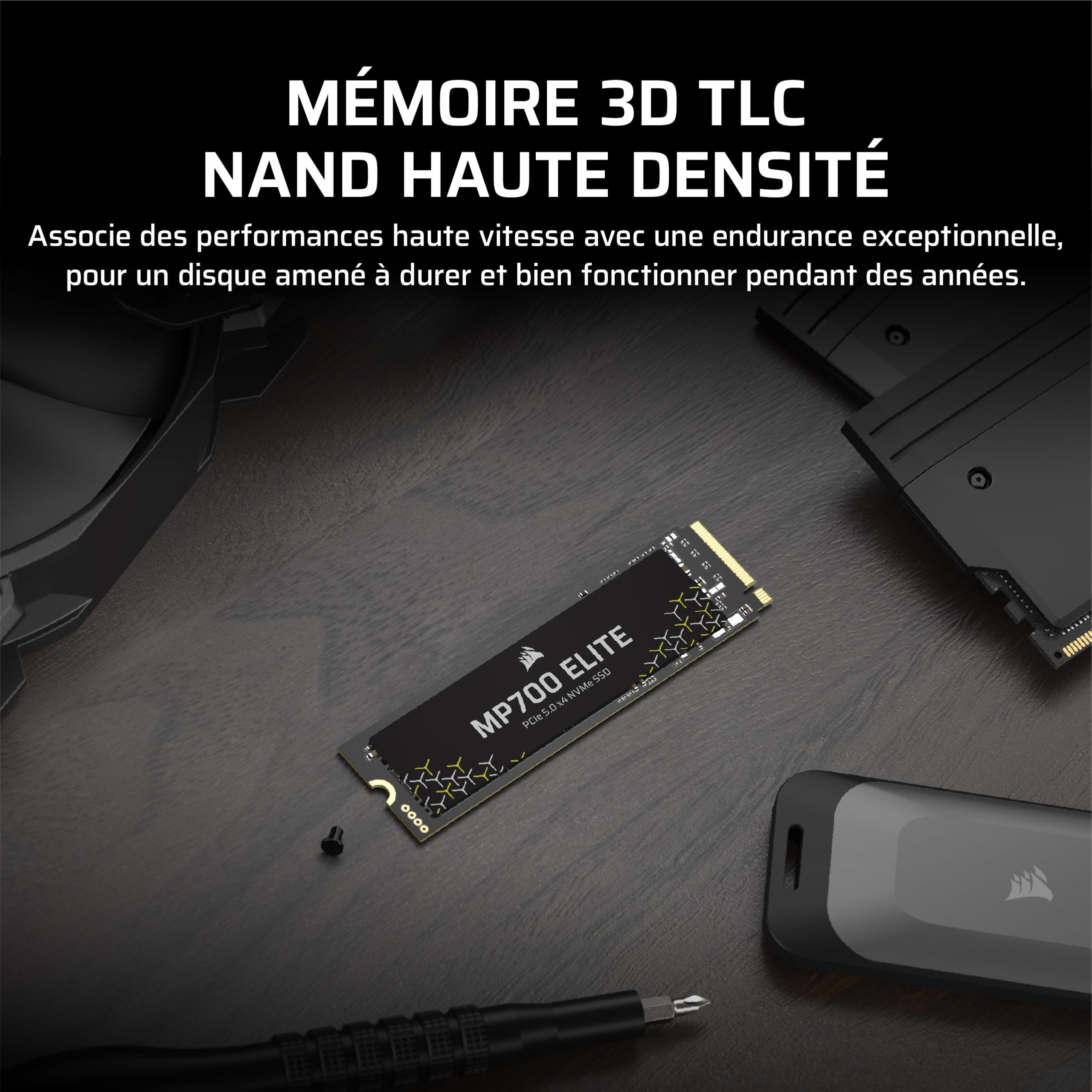 Corsair MP700 Elite 1 to PCIe 5.0 x4 NVMe M.2 SSD – Jusqu'à 10,000MB/sec – Haute Densité 3D TLC NAND – M.2 2280 – Compatible DirectStorage – Noir