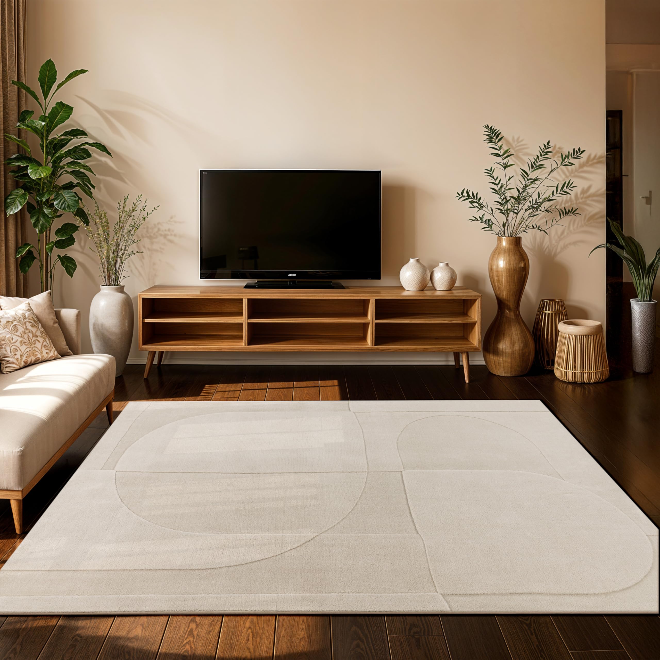 Paco Home Teppich Wohnzimmer Schlafzimmer moderner Kurzflor Abstrakte Organische Geometrische Designs Japandi Stil 3D Effekt hochwertig weich, Farbe:Creme (Bögen), Grösse:160x220 cm