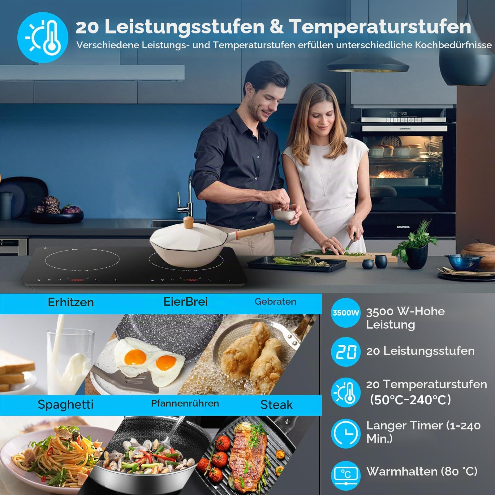 Aobosi Induktionskochfeld 2 platten, Induktionskochplatte tragbares Kochfeld mit Sensor-Touch-Unabhängiger-Steuerung, 20 Temperaturstufen & Leistungsstufen, 4H, Sicherheitssperre,3500W,Neue