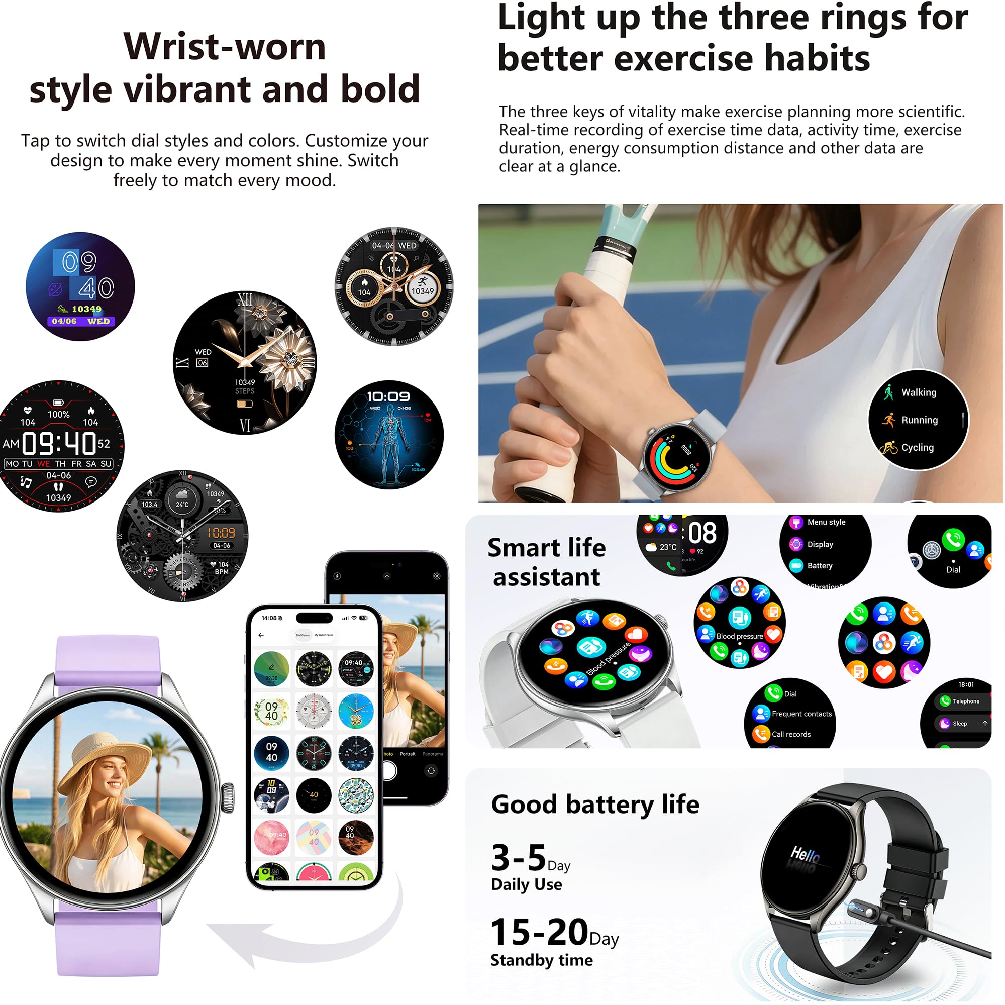 Montre Connectée Femme and Montre Homme avec Appels Bluetooth, Smartwatch Diamond avec 100+ Modes Sportifs/Fonction Féminine/Lecteur de Musique/Fréquence Cardiaque/Sommeil/ pour Android iOS (Argenté)