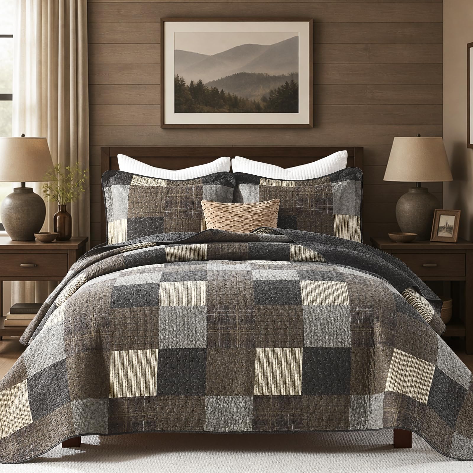 Quilta 100% Cotton Quilt Queen Size - Farmhouse Plaid Queen Quilt Bedding Set, Soft Lightweight Country Bedspread Set, Rustic Comforter for All Seasons 3pcs, Charcoal/Coffee Brown/Khaki