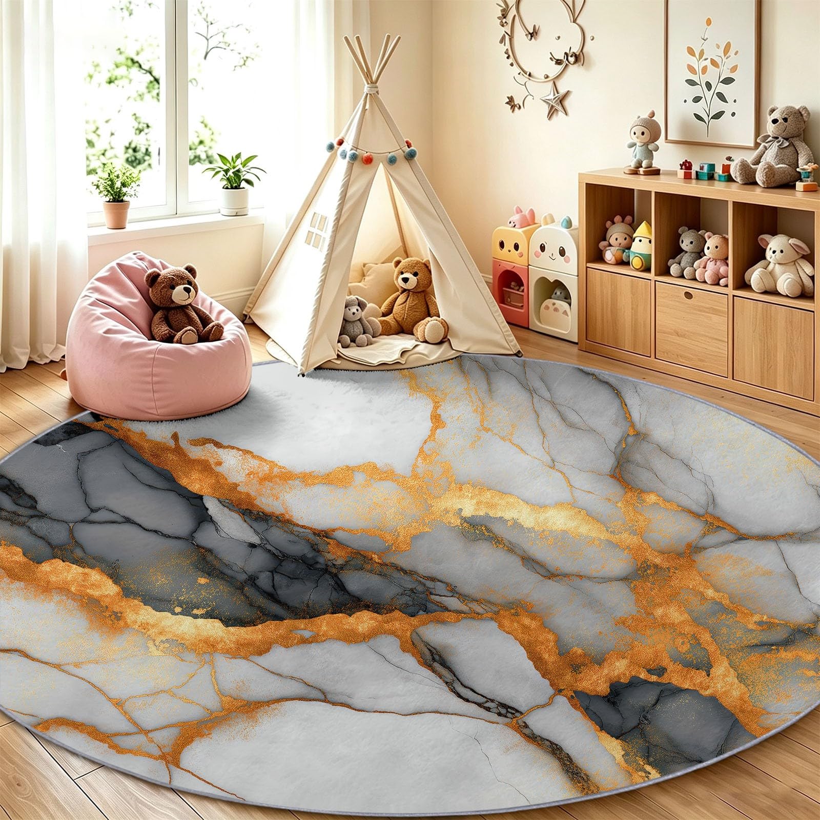 Runder Teppich 180 cm Waschbarer Wohnzimmer Teppiche, Grau | Modern Marmormaserung Goldadern abstrakte Textur, Waschbar, Rutschfest, Kurzflor, Weich, Schlafzimmer, Esszimmer, Büro, Flur, Kinderzimmer